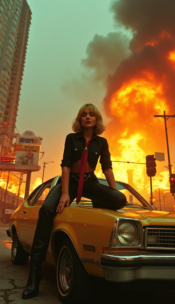 DANGER LAND - original motion picture soundtrack, comedy horror movies, Full body pose of a beautiful woman in the center standing in a sexy bikini outfit, In the background, a cityscape bursts into flames after being blown up and citizens fleeing in panic.、soundtrack jacket、Digitally Remastered, Kinematics」, John Maggs, Roy Dargano, Movie Posters, Album cover, 1 9 7 0 sMovie Posters, Oil painting