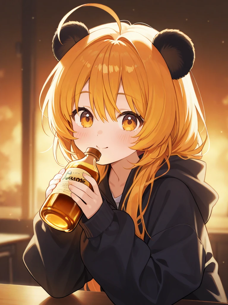 (Masterpiece,Highest quality),(Maximum details),1 woman,18 years old,Cute face,Long brown and orange hair,has brown dog ears,brown eyes,Ponytail,Half-body picture,Wear an orange t-shirt with a cute dog pattern.,Drinking water using one straw,Every picture is the same.