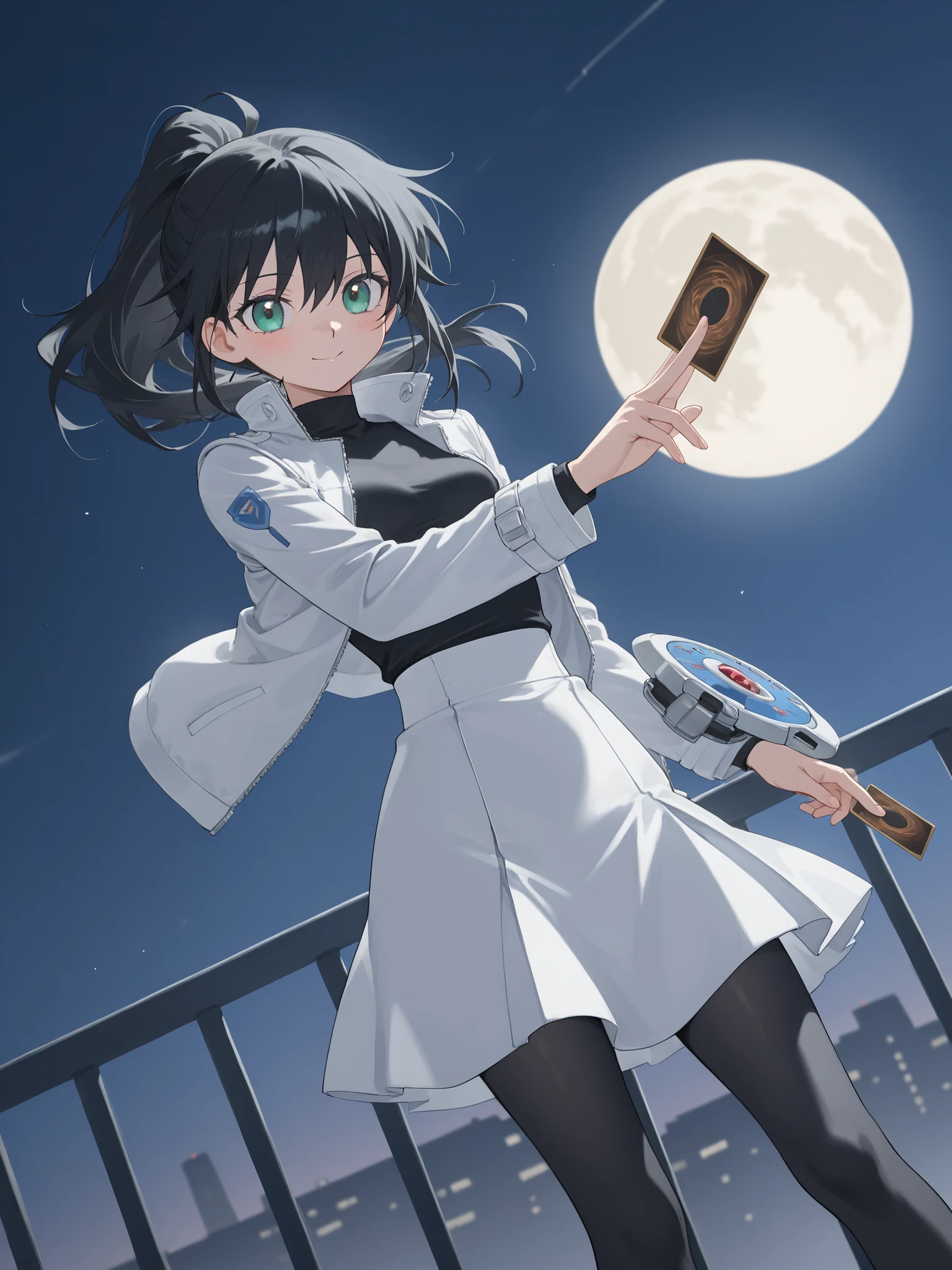 4k anime style,(feet out of frame),top-quality,Top image quality,perfect anatomy,masterpiece,ultra-detailliert,Beautiful、ultra-quality, best quality,high resolution, ultra-detailed,game cg,dutch angle ,beautiful detailed eyes, visualart,five fingers, perfect hands, Smooth anime CG, 8k anime, Best quality, High resolution,Superdetail,Perfect light,high resolution, best quality, Accurate, Anatomically Correct, Best Quality, Masterpiece, perfect hands,BREAK,1girl,Young Anime female with ponytail hair , black hair and green highlights.beautiful large green eyes,small breasts,Beautiful waist,She wears a black sleeveless crop top with a teal graphic design. Over the top, she has an white jacket. The jacket has a design similar to a motor jacket or special clothing. The character is wearing white athletic skirt ,Duel_Disk ,equip on right arm,holding yugioh card, yugioh card,black tights,blush, little smile,balcony,moon view