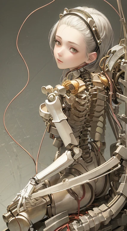 (((masterpiece))), (((highest quality))), ((super detailed)), (Highly detailed CG illustration), ((very delicate and beautiful)),(cute delicate face),cinematic light,((1 mechanical girl)),alone,whole body,(machine made joint:1.4),((mechanical limbs)),(exposed muscles),(blood vessels connected to tubes),(brain in a container:1.3),((mechanical vertebrae attached to the back)),((Mechanical cervical vertebrae attached to the neck)),((sitting)),No expression,(Wires and cables attached to the head and body:1.5),small breasts,short hair,(character focus),SF