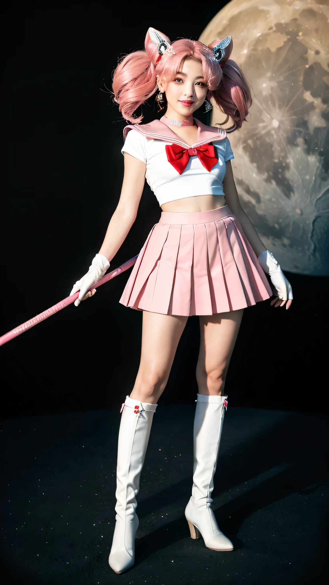 solo, outdoors, smile, modeling, 1girl, pink hair, twintails, cone hair bun, double bun, red eyes, earrings, hair ornament, tiara, red bow, heart brooch, , brooch, choker, elbow gloves, heart choker, magical girl, multicolored clothes, multicolored pleated skirt, pink sailor collar,((( sailor senshi uniform)) , yellow choker, knee boots, absurdres, ultra detailed, masterpiece, best quality, aesthetic, detailed,22:56:22
、 Extreme Real, masterpiece, highest quality, High resolution, SAMA1, space, stunning beauty, full body photo、1 、brain out、gloves、lips、solo、Sailor Chibimoon、Chibiusa,red eyes、 uniform、See more1、Tierra、Sailor Senshi uniform、(Raw photo、highest quality)、masterpiece、Pink twin tails、Pink sailor color、bow、choker、白いgloves、ピンクのchoker、elbow glove、gem、pink skirt、only、Full body Esbian、pink hair、(perfect hands):3.8、octane rendering、goddess of the moon, ((long shoot)), beautiful eyes with fine details、、small eyes、looking at the viewer、to8 contrast style、Octane line art、Universe and Moon Background、、No makeup、Bright smile、short, from below, squating