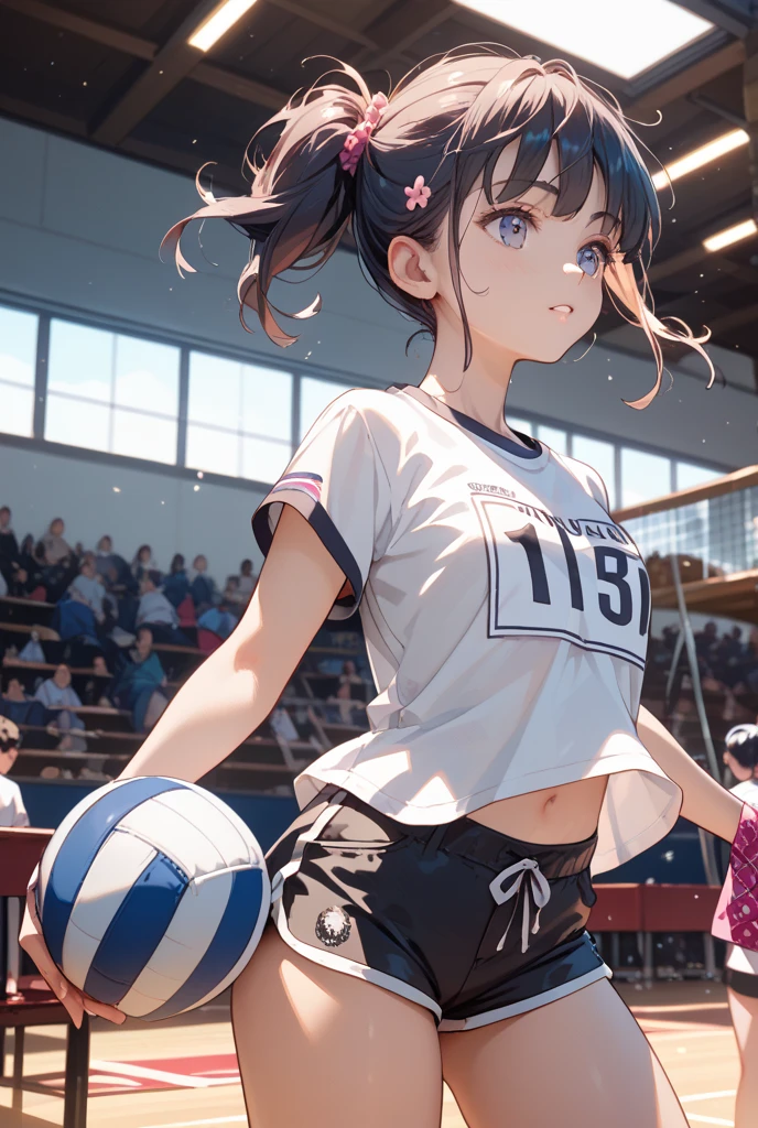 (masterpiece), (highest quality), (Super detailed), Basketball venue, (One girl), 13 years old, blush, ((Tuck up your basketball uniform:1.2)),((topless)), ((slender)) ,Happy, View Viewer, shy , anxiety, smile, mischief,(Shiny skin), from the front, Long wet ears, (Nipples), (micro skirt, Skirt flips up in strong wind), (white micro thong),