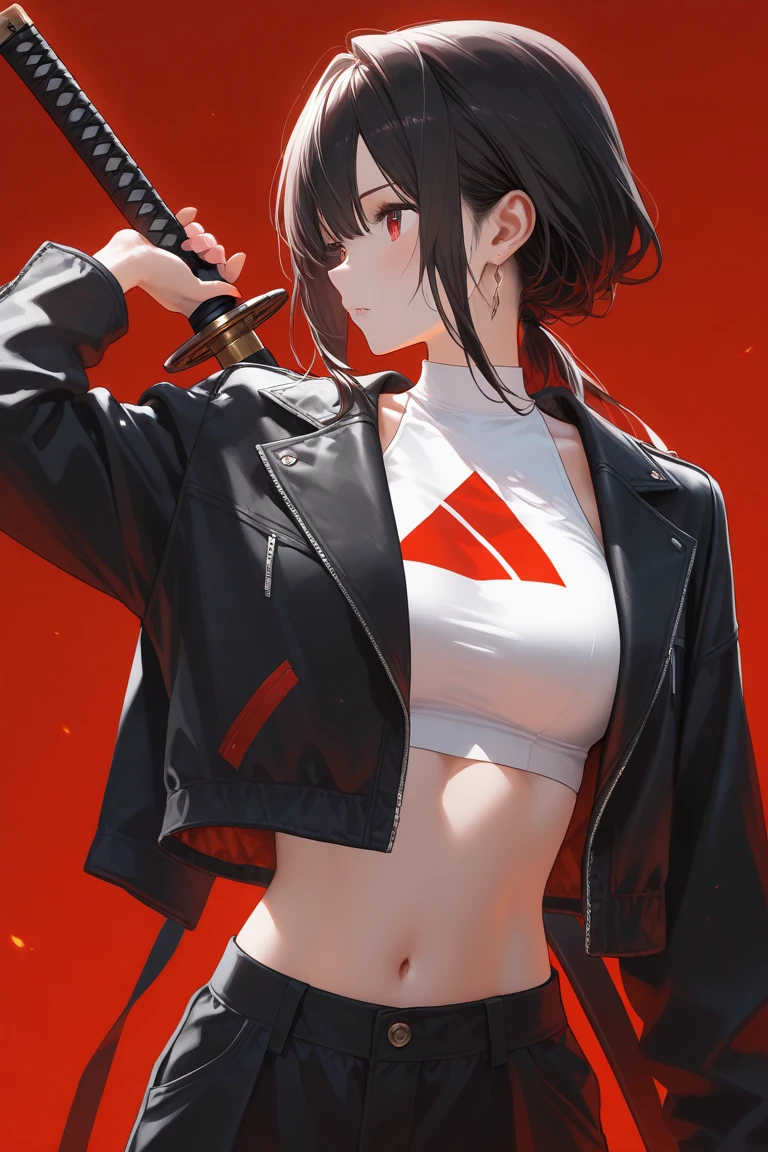 absurdres, RAW photo, extremely delicate and beautiful, masterpiece, Best Quality, ultra high resolution, 32k, hyperrealistic, ultra-detailed, perfect figure, tearful mole, earring, whole body shot, big breast, short medium hair, wavy hair, tracksuit, midriff,