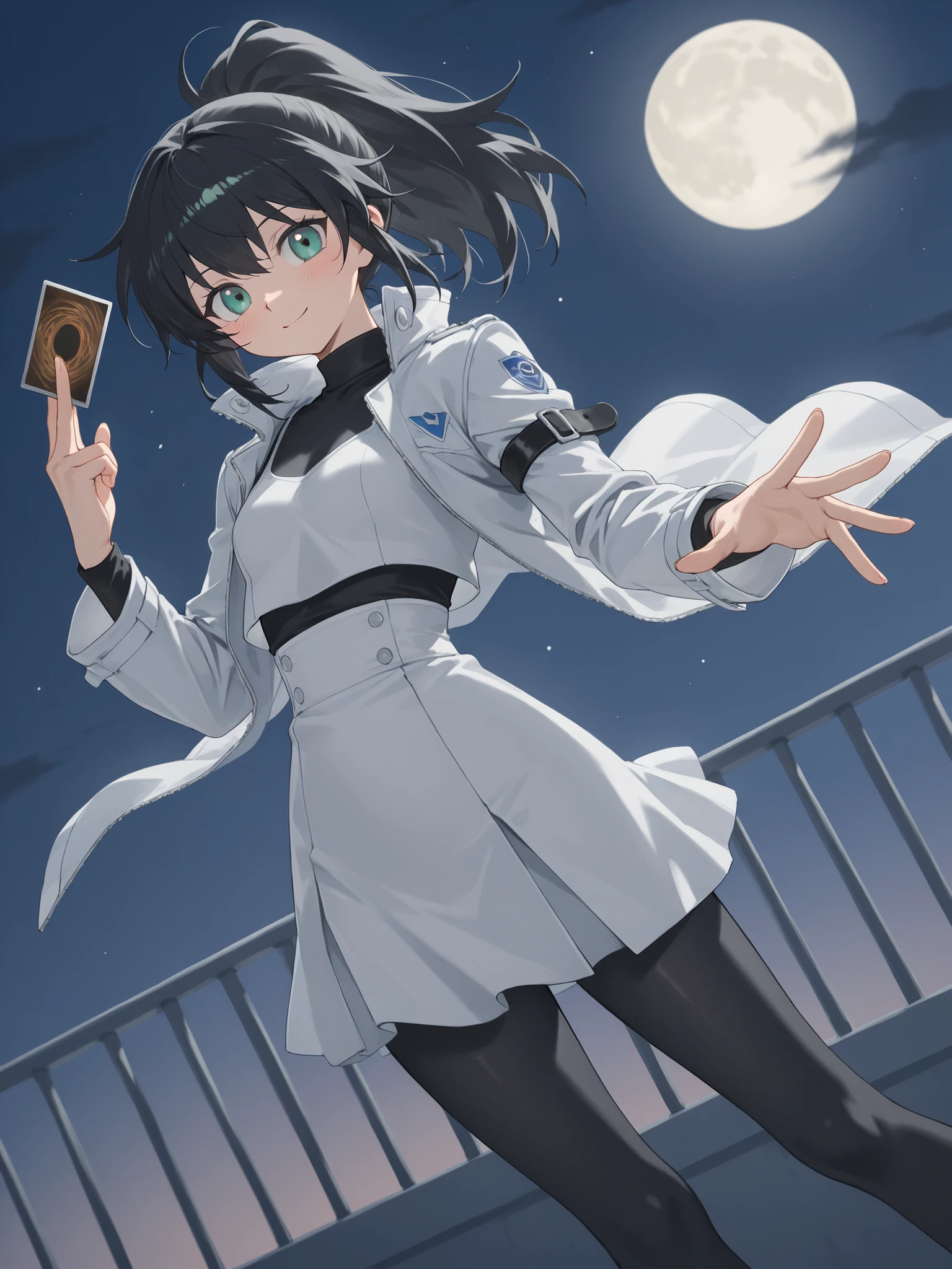 4k anime style,(feet out of frame),top-quality,Top image quality,perfect anatomy,masterpiece,ultra-detailliert,Beautiful、ultra-quality, best quality,high resolution, ultra-detailed,game cg,dutch angle ,beautiful detailed eyes, visualart,five fingers, perfect hands, Smooth anime CG, 8k anime, Best quality, High resolution,Superdetail,Perfect light,high resolution, best quality, Accurate, Anatomically Correct, Best Quality, Masterpiece, perfect hands,BREAK,1girl,Young Anime female with ponytail hair , black hair and green highlights.beautiful large green eyes,small breasts,Beautiful waist,She wears a black sleeveless crop top with a teal graphic design. Over the top, she has an white jacket. The jacket has a design similar to a motor jacket or special clothing. The character is wearing white athletic skirt ,Duel_Disk ,equip on right arm,holding yugioh card, yugioh card,on left hand ,black tights,blush, little smile,balcony,moon view