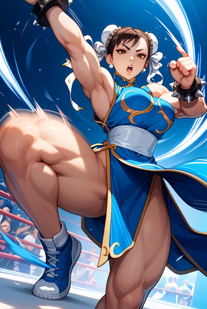 Realistic image of young Chun Li, The street Fighter II, launching a kick over the observer. exterior, flea market china, Ultra detailed, open mouth, panties, brown stockings. Blue Chinese suit