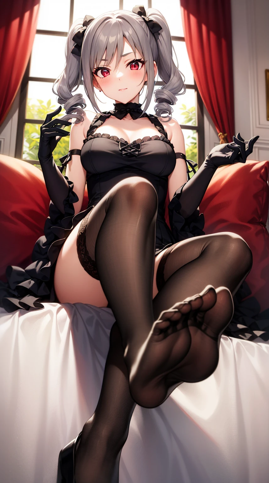 Highly detailed, long hair, yandere, perfect body. Perfect hands, sexy thighs, whole body. Few clothes show off skin, elegant leg straps, cat ears, hearts, a plump, chocolate body, covering the top and exposing the bottom.