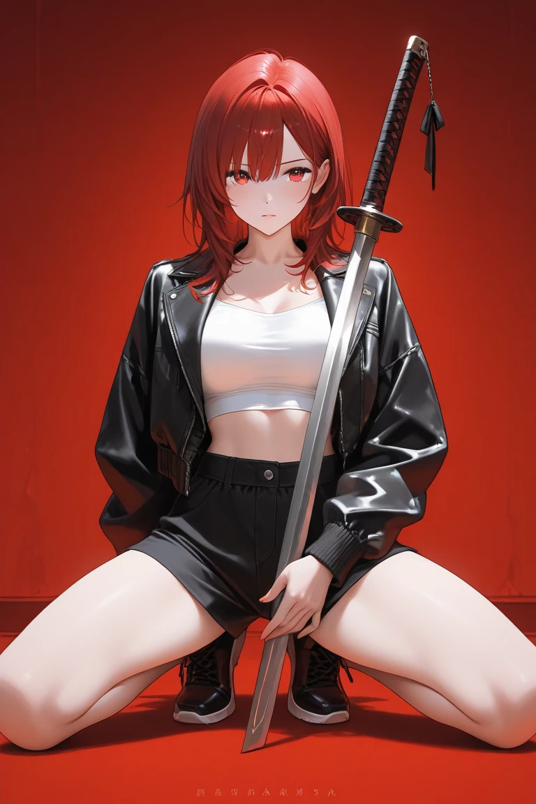 1990s_(style), 1girl, bangs, boots, breasts, brown_gloves, copyright_name, cover, cover_page, dated, earrings, gloves, knife, holding_dagger, holding, holding_knife, holding_weapon, jacket, jewelry, large_breasts, lipstick, long_hair, long_sleeves, looking_at_viewer, magazine_cover, makeup, off_shoulder, open_clothes, open_jacket, price, red_eyes, red_hair, red_lips, retro_artstyle, solo, squatting, text_focus, thigh_boots, weapon, yellow_jacket, <lora:mappaLikeStyle_v10Bera:0.4>