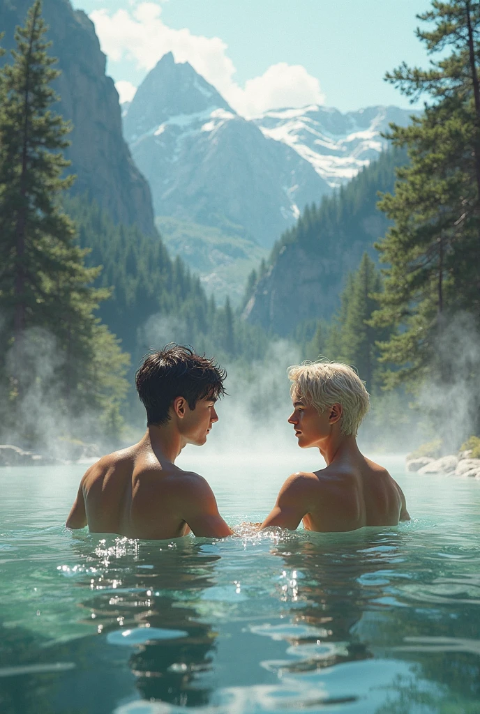 Two European and American sexy men, handsome and handsome, look like Chris Evans and Tom Cruise. They are holding each other affectionately and full of love.they are wearing nothing on. They are on the quiet lake in the forest surrounded by mountains. A ray of morning light shines on them from the forest.