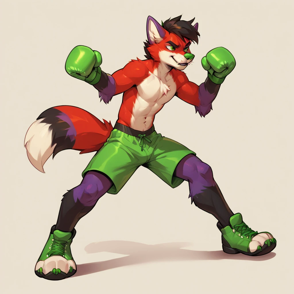2D contour, detailed, (best quallity), (high quallity:1.2), majira, red fur, red body, white body, white fur, purple ears, Full body, green eyes, green nose, solo, black hair, wearing green boxing shorts, wearing green boxing gloves, boxing, boxing,