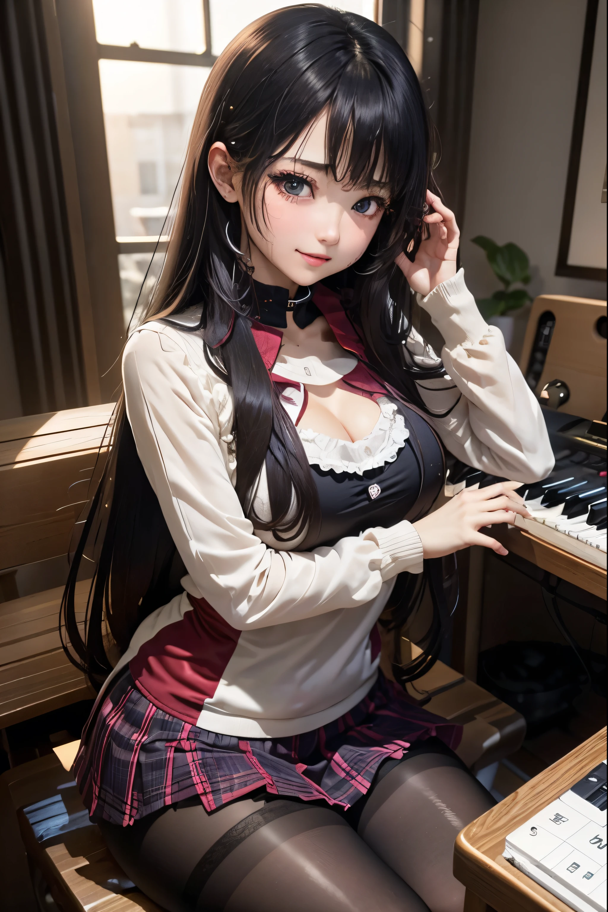 high school girlブレザー、high school girl、Red checked skirt、JK Style、Jacket、smile、garter、Knee socks、Panty stocking、Otherworldly beauty、Really cute、boredom、Extraordinary beauty、Dark black eyeshadow、sorrow、Good skin radiance、Long Hair Straight Hair、Dark Gothic Makeup、Dark smile、Beautiful woman、Stained Glass Background、On the table、Highest quality、5 reference books、Sweat glistens on my chest、Sweat glistens on my face、Thigh sweat、sweating、Black frill East size Regular size、Dark pink hair、2、Sweat on your thighs、Sweat a lot and become sticky。、My thighs are sticky and shiny、Sweating on thighs and chest、Small breasts、Slightly slim、Sweating all over the body、ah, I play the synthesizer.、sit and play an instrument、Thin legs、Two people、Lesbian couple、hug、My girlfriend has a really cute face、My female friend has a very beautiful face.、Do lesbian play、Super straight hair、Extremely fair skin、Play the synthesizer、Sexy expression、Sitting in front of a synthesizer instrument、The expression of someone who is trying to hold back from masturbating、Panting expression、Ecstatic expression、Working with synthesizers、
