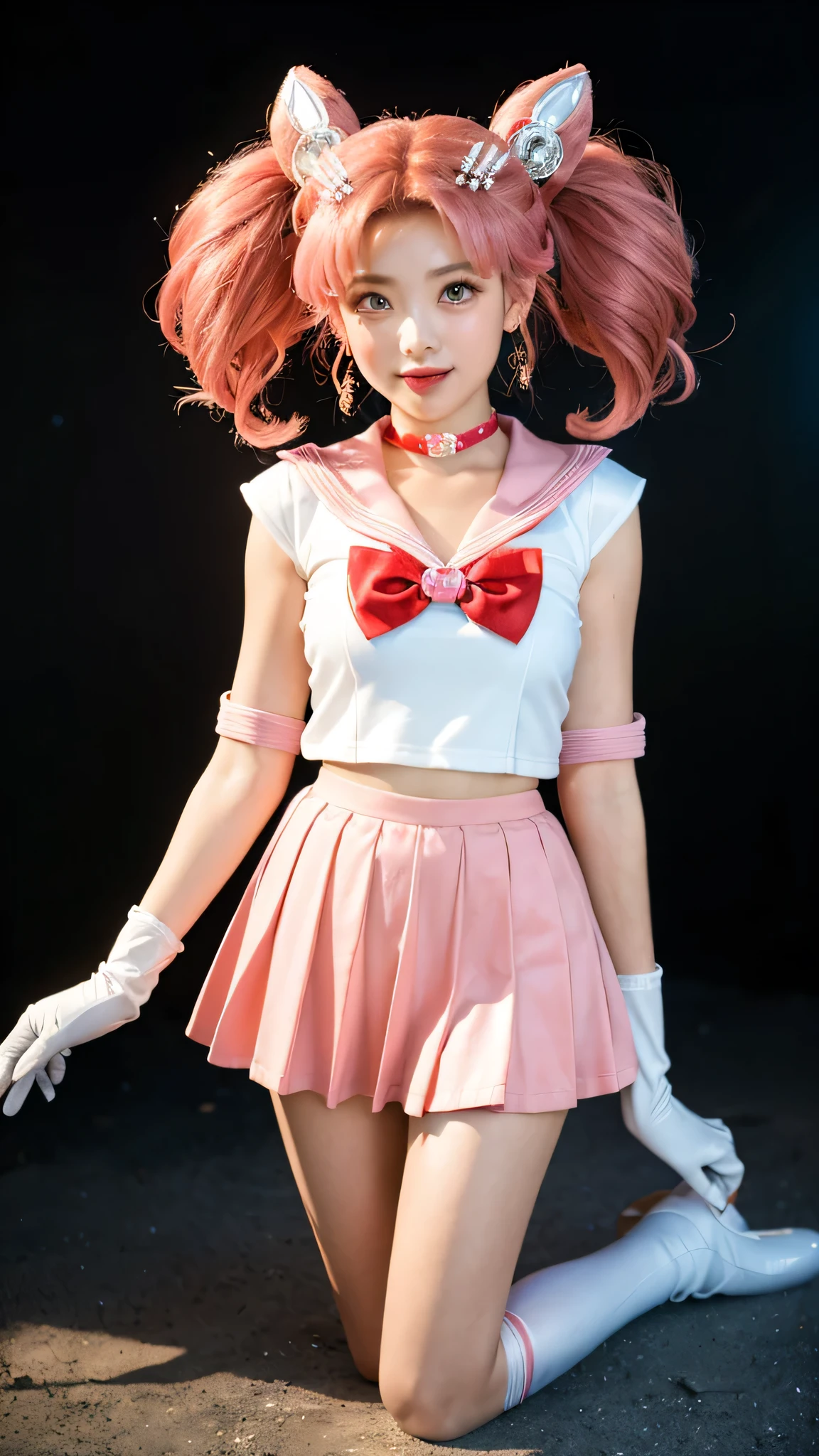 solo, outdoors, smile, modeling, 1girl, pink hair, twintails, cone hair bun, double bun, red eyes, earrings, hair ornament, tiara, red bow, heart brooch, , brooch, choker, elbow gloves, heart choker, magical girl, multicolored clothes, multicolored pleated skirt, pink sailor collar,((( sailor senshi uniform)) , yellow choker, knee boots, absurdres, ultra detailed, masterpiece, best quality, aesthetic, detailed,22:56:22
、 Extreme Real, masterpiece, highest quality, High resolution, SAMA1, space, stunning beauty, full body photo、1 、brain out、gloves、lips、solo、Sailor Chibimoon、Chibiusa,red eyes、 uniform、See more1、Tierra、Sailor Senshi uniform、(Raw photo、highest quality)、masterpiece、Pink twin tails、Pink sailor color、bow、choker、白いgloves、ピンクのchoker、elbow glove、gem、pink skirt、only、Full body Esbian、pink hair、(perfect hands):3.8、octane rendering、goddess of the moon, ((long shoot)), beautiful eyes with fine details、、small eyes、looking at the viewer、to8 contrast style、Octane line art、Universe and Moon Background、、No makeup、Bright smile、short, from below, kneeling
