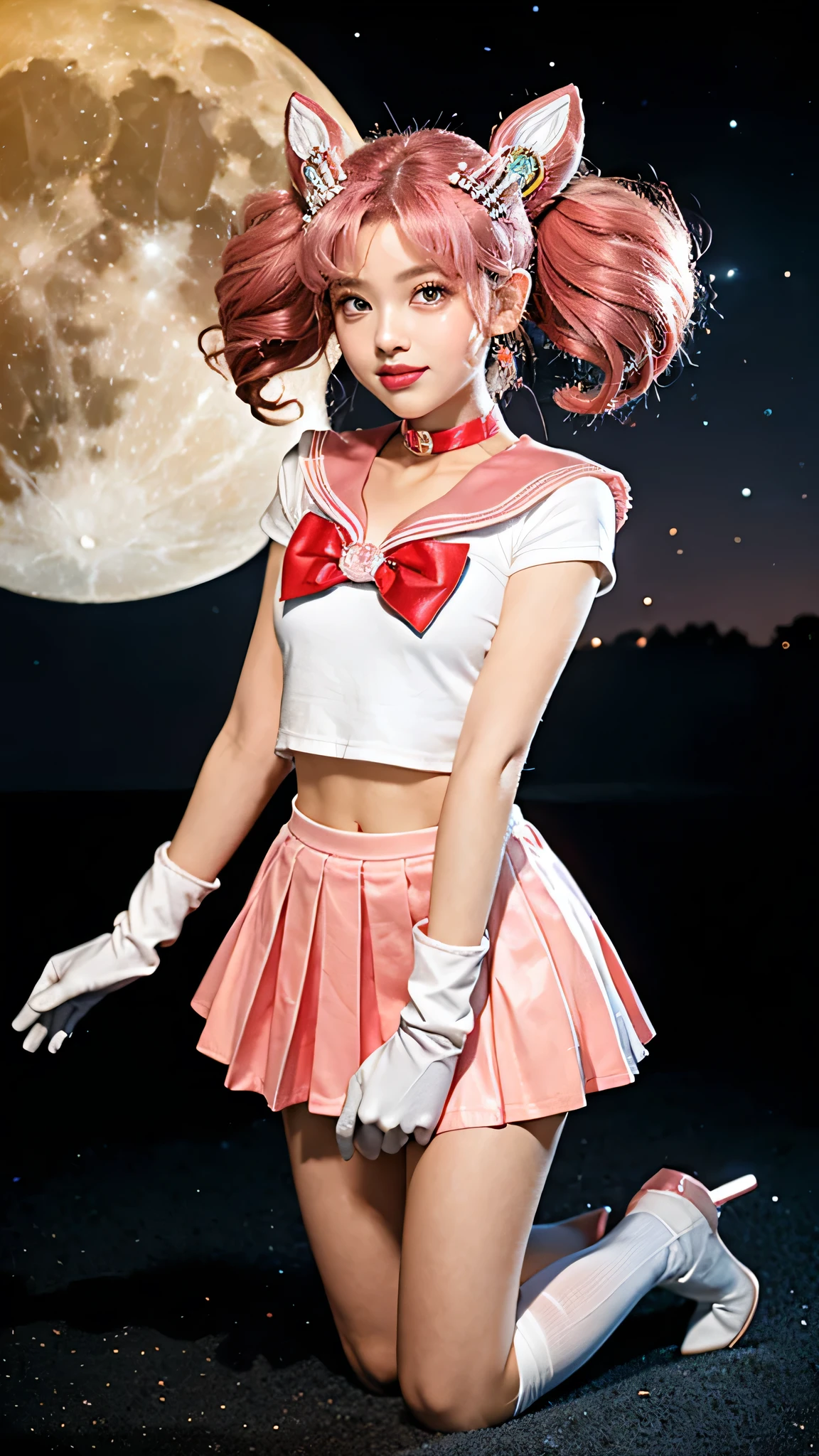 solo, outdoors, smile, modeling, 1girl, pink hair, twintails, cone hair bun, double bun, red eyes, earrings, hair ornament, tiara, red bow, heart brooch, , brooch, choker, elbow gloves, heart choker, magical girl, multicolored clothes, multicolored pleated skirt, pink sailor collar,((( sailor senshi uniform)) , yellow choker, knee boots, absurdres, ultra detailed, masterpiece, best quality, aesthetic, detailed,22:56:22
、 Extreme Real, masterpiece, highest quality, High resolution, SAMA1, space, stunning beauty, full body photo、1 、brain out、gloves、lips、solo、Sailor Chibimoon、Chibiusa,red eyes、 uniform、See more1、Tierra、Sailor Senshi uniform、(Raw photo、highest quality)、masterpiece、Pink twin tails、Pink sailor color、bow、choker、白いgloves、ピンクのchoker、elbow glove、gem、pink skirt、only、Full body Esbian、pink hair、(perfect hands):3.8、octane rendering、goddess of the moon, ((long shoot)), beautiful eyes with fine details、、small eyes、looking at the viewer、to8 contrast style、Octane line art、Universe and Moon Background、、No makeup、Bright smile、short, from below, kneeling