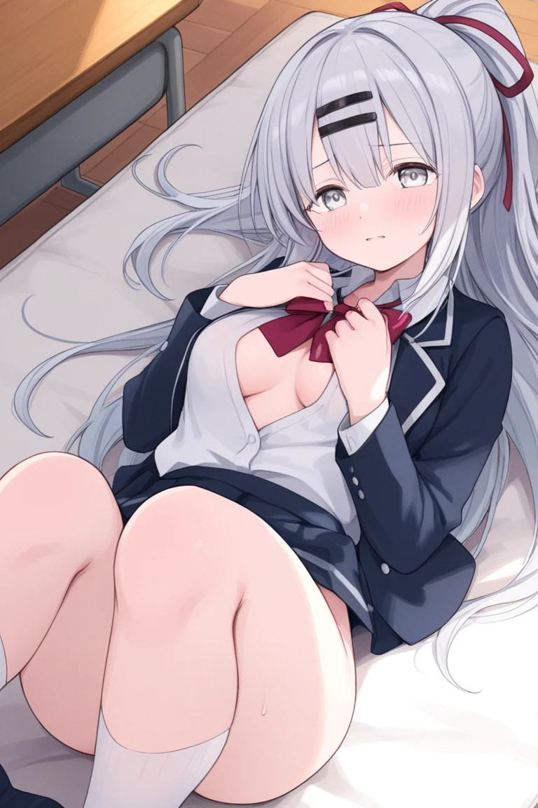 one girl, wolf ears, pure, naive, school blazer, plaid skirt, sex, on bed, missionary sex, spread legs, drool, white hair, cute, ecstatic, drool, love me, creampie, small breasts