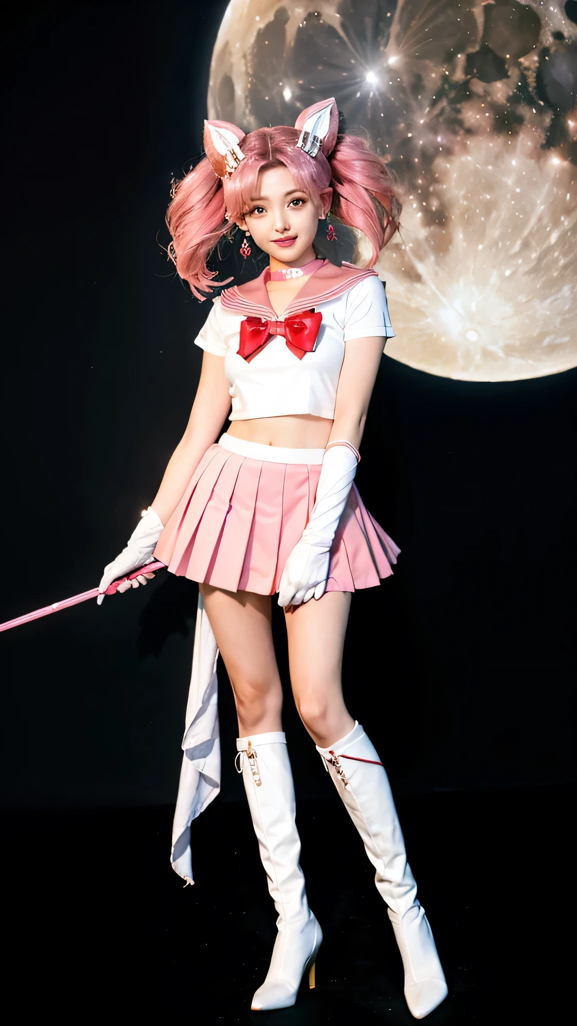 solo, outdoors, smile, modeling, 1girl, pink hair, twintails, cone hair bun, double bun, red eyes, earrings, hair ornament, tiara, red bow, heart brooch, , brooch, choker, elbow gloves, heart choker, magical girl, multicolored clothes, multicolored pleated skirt, pink sailor collar,((( sailor senshi uniform)) , yellow choker, knee boots, absurdres, ultra detailed, masterpiece, best quality, aesthetic, detailed,22:56:22
、 Extreme Real, masterpiece, highest quality, High resolution, SAMA1, space, stunning beauty, full body photo、1 、brain out、gloves、lips、solo、Sailor Chibimoon、Chibiusa,red eyes、 uniform、See more1、Tierra、Sailor Senshi uniform、(Raw photo、highest quality)、masterpiece、Pink twin tails、Pink sailor color、bow、choker、白いgloves、ピンクのchoker、elbow glove、gem、pink skirt、only、Full body Esbian、pink hair、(perfect hands):3.8、octane rendering、goddess of the moon, ((long shoot)), beautiful eyes with fine details、、small eyes、looking at the viewer、to8 contrast style、Octane line art、Universe and Moon Background、、No makeup、Bright smile、short, from below, Wide arms open