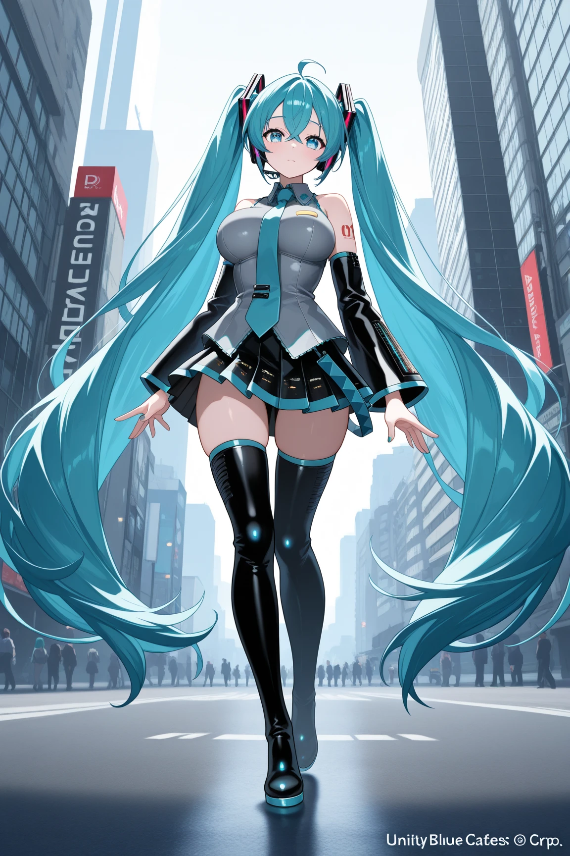 a girl, light blue hair, Hatsune Miku style hair, blue eyes, 20 years old, in berlin, modern city, accessories, sculptural body, best quality, masterpiece,gothic style clothing, medium breasts 