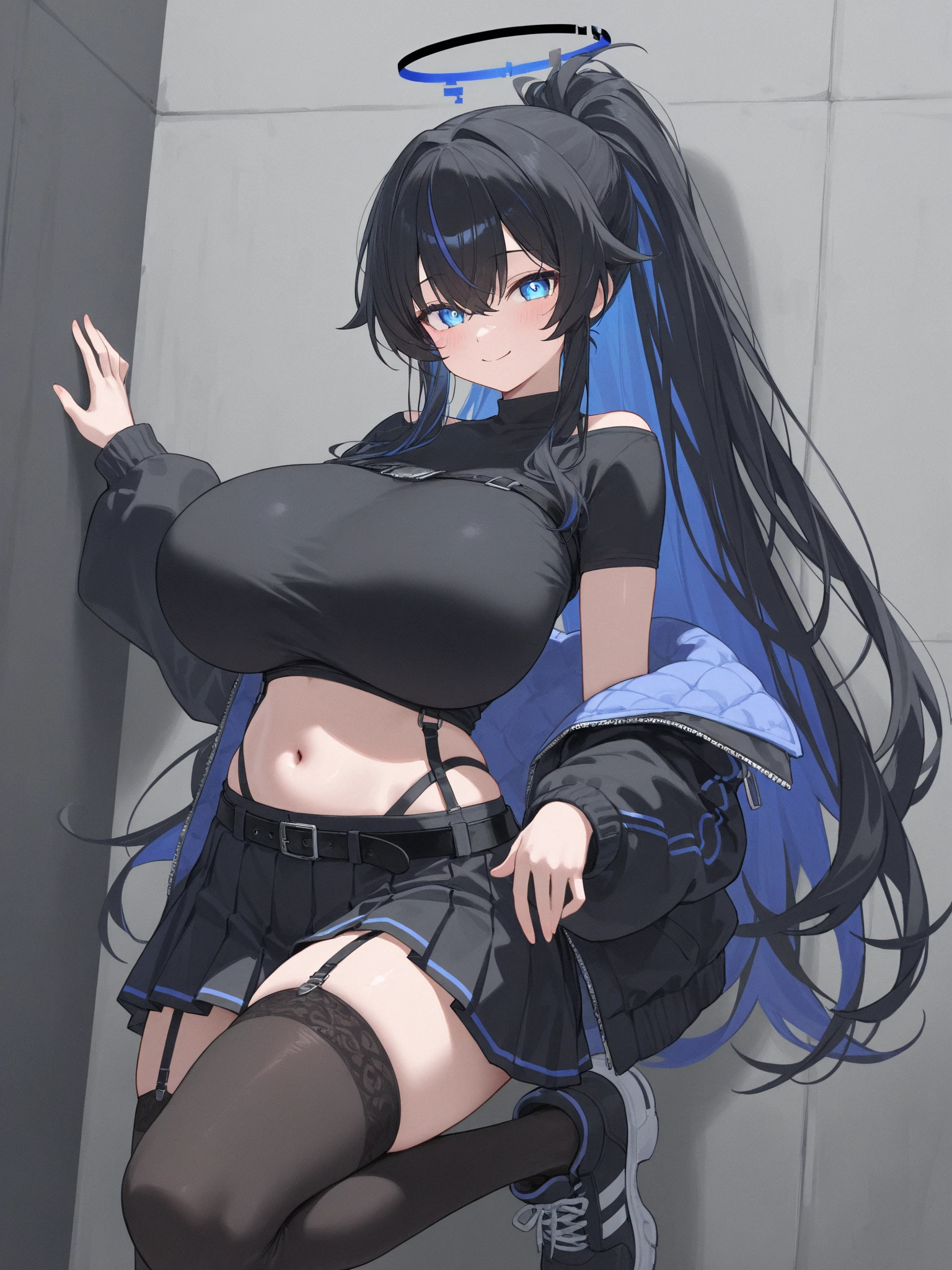 1girl, large breasts, thick thighs, wide hips, blush, blushing, wavy mouth, shy, timid, blue eyes, dark blue hair, black hair, black swimsuit, one-piece swimsuit, blue trim, light blue trim, from behind, bare legs, mature female, tall