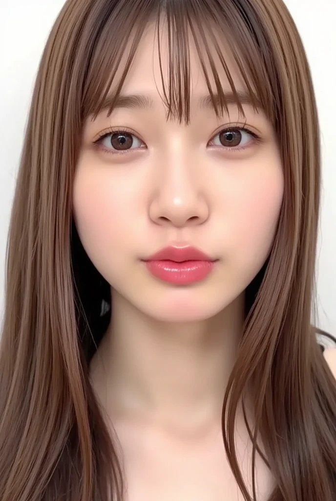 masterpiece, highest quality, Photoreal, Super detailed, High resolution, 8K wallpaper, ((monochrome photography)), 1 girl, Skinny Japanese woman, (((facing the front))), ((Only the lips are in red)), (monochrome photography), brown hair, detailed clavicle, perfect face, straight hair, ((look straight at the camera))