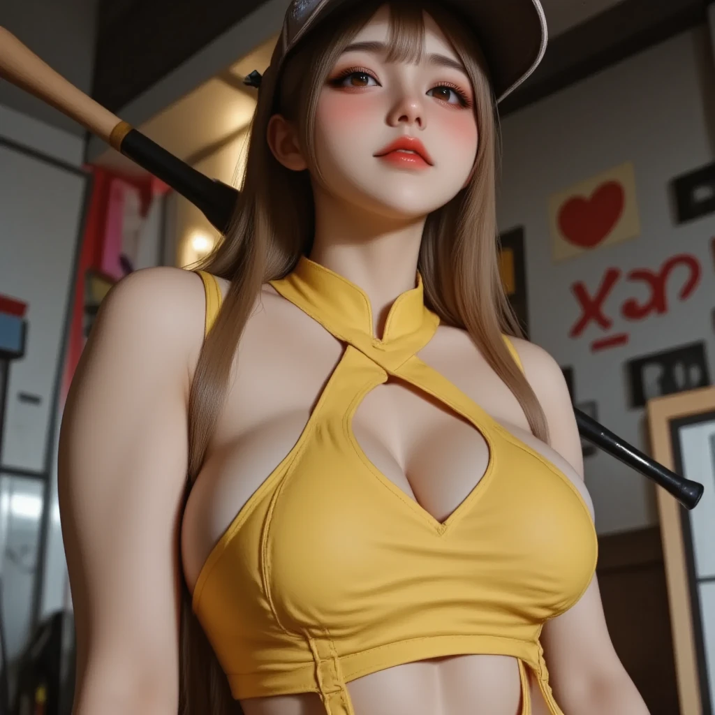 nsfw, bondage costume yellow, sexy middle east girl, seduce, vibrant,  Laser tag arena