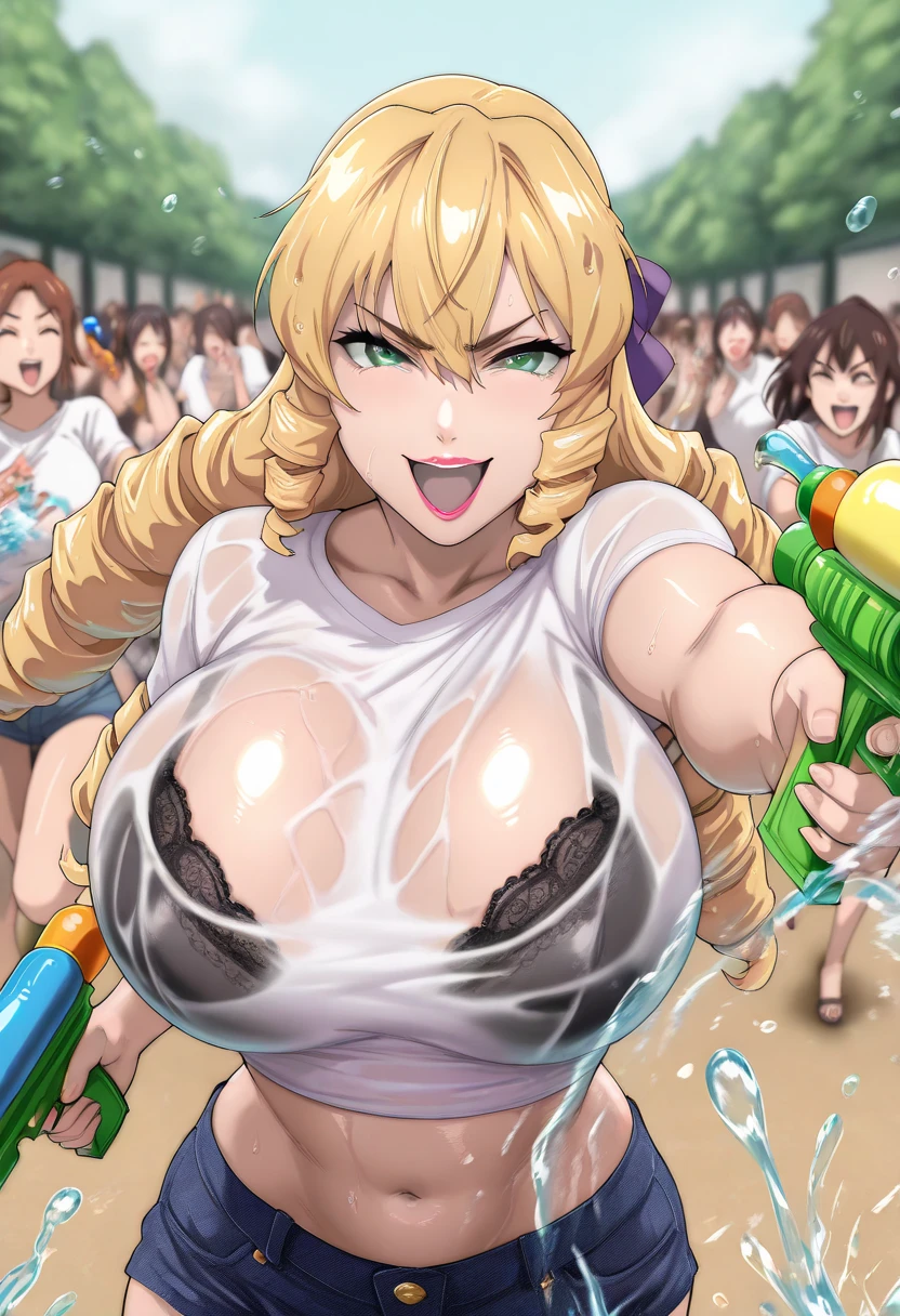 score_9, score_8_up, source_anime, 1girl, dress, huge breasts, voluptuous, ikuchan, blonde, blonde hair, beach dressing room, skimpy bikini top, aftersex, cum drip, cum in pussy, nice hips, pussy, (blonde pubic hair:1.5), thick pubic hair, (lucoa), horns, wide hips, (sweat), blush, voluptuous, after gangbang, cum between breasts, steaming body, multiple men in background, body writing, ((cum in pussy)), (lewd drawings on body),