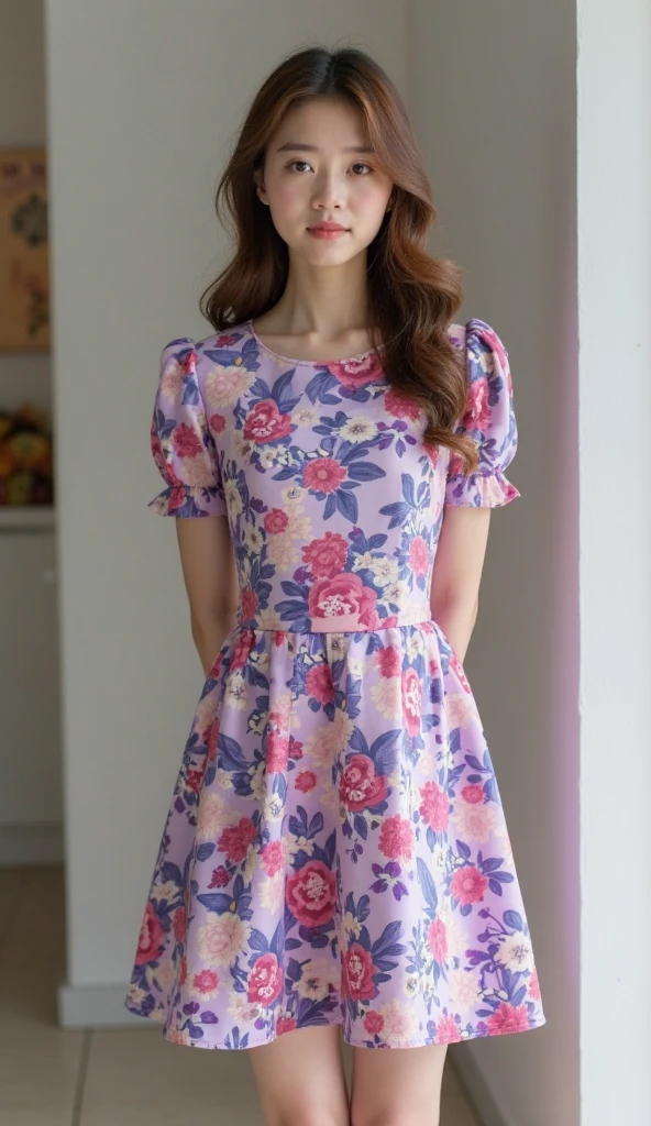 Redhead woman, standing. purple wrinkled wool short flowered dress. white heels. [small breasts]. UHD. Detailed. High LOD. focus on heels. slightly wavy hair. close shot of shoes. thin face. Detailed face.