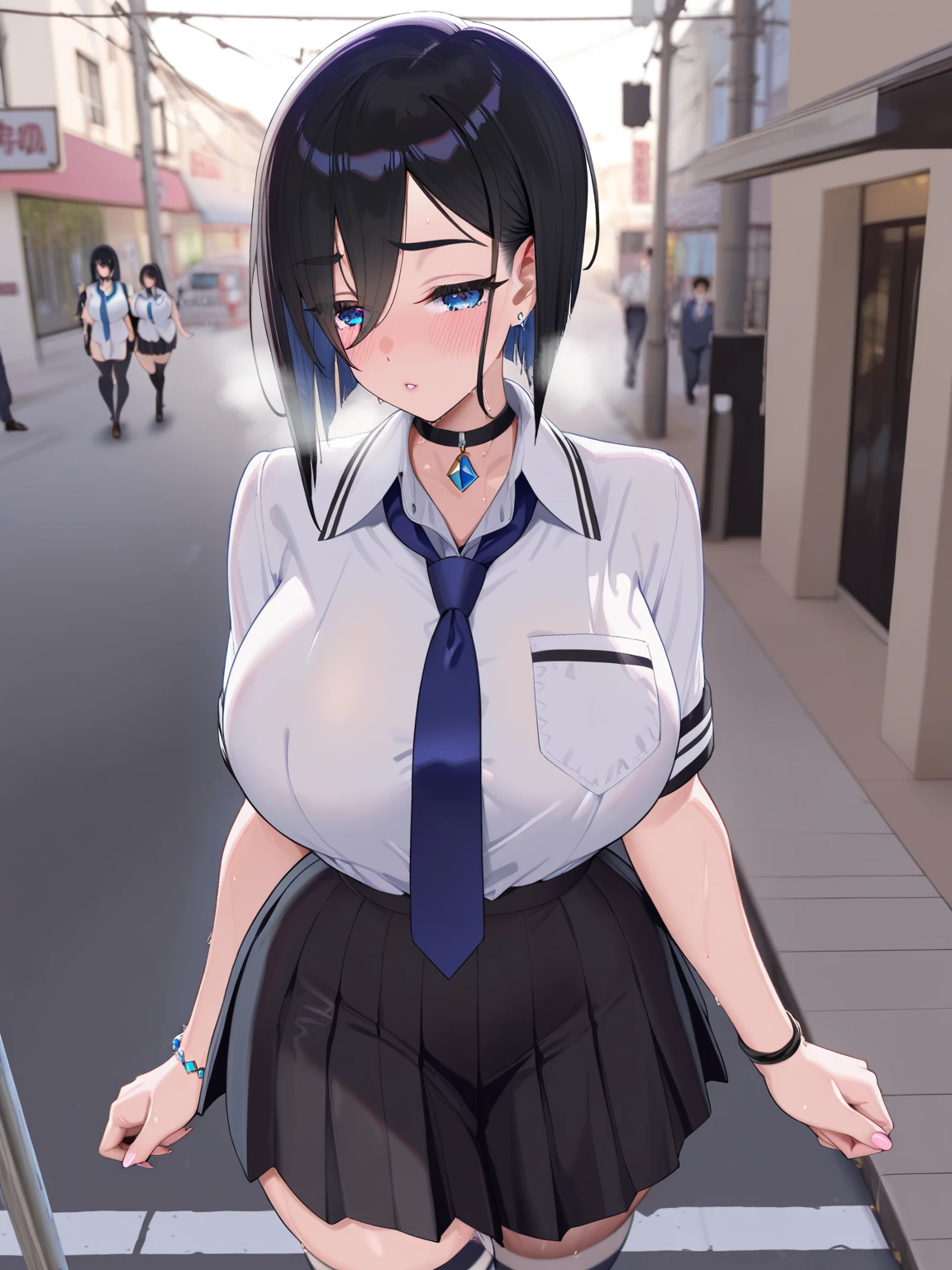 Anime, blue eyes, short black hair, wearing long plain white shirt, city, high res, ultrasharp, masterpiece, wet shirt, pussy, crowd, sex, penetration, next to other people, large vulva
