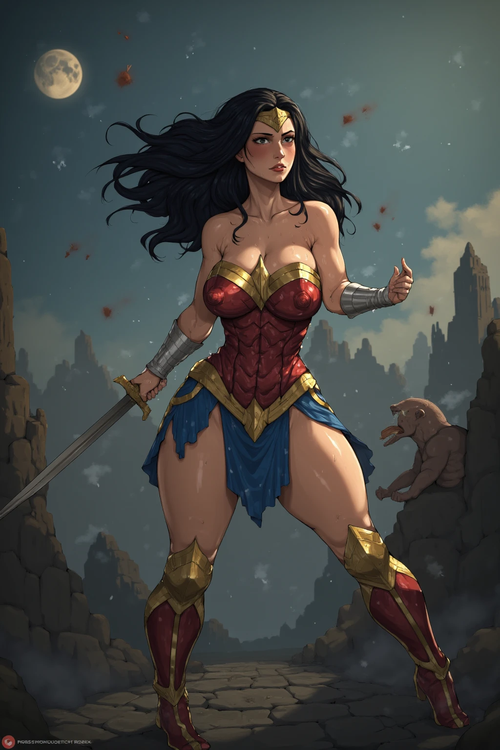 (masterpiece, top quality, best quality, official art, beautiful and aesthetic:1.2), (1girl:1.3), long and curly dark brown hair, extremely detailed, portrait, looking at viewer, solo, (full body:0.6), detailed background, close up, mischievous eyes, (warm summer castle theme:1.1), sorceress, charlatan, smirk, mysterious, walking in courtyard, revealing ((dark red)) sorcerer attire, red knee-length red skirt, off shoulder, straps, long sleeves, loose sleeves, cloak, corset, black leggings, black trousers, black pants, long brown boots, buckles, straps, pouches, magic energy, red fabric, white trim, ((((gigantic breasts, cleavage, skindentation)))), slim waist, slim hips, long legs, medieval (castle exterior:1.1) background, dark mysterious lighting, shadows, magical atmosphere, dutch angle