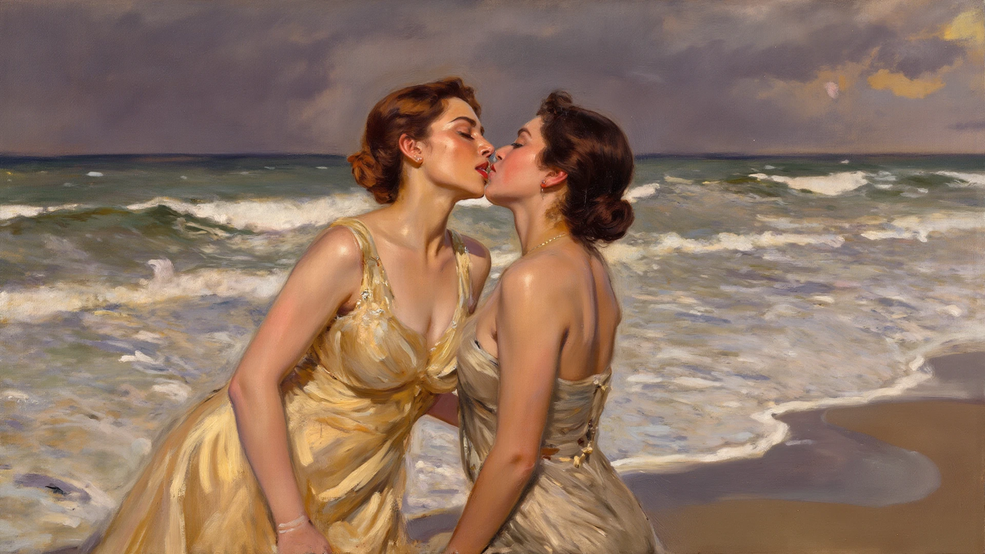A oil painting, two girls kissing, naked, a vineyard in the background, 