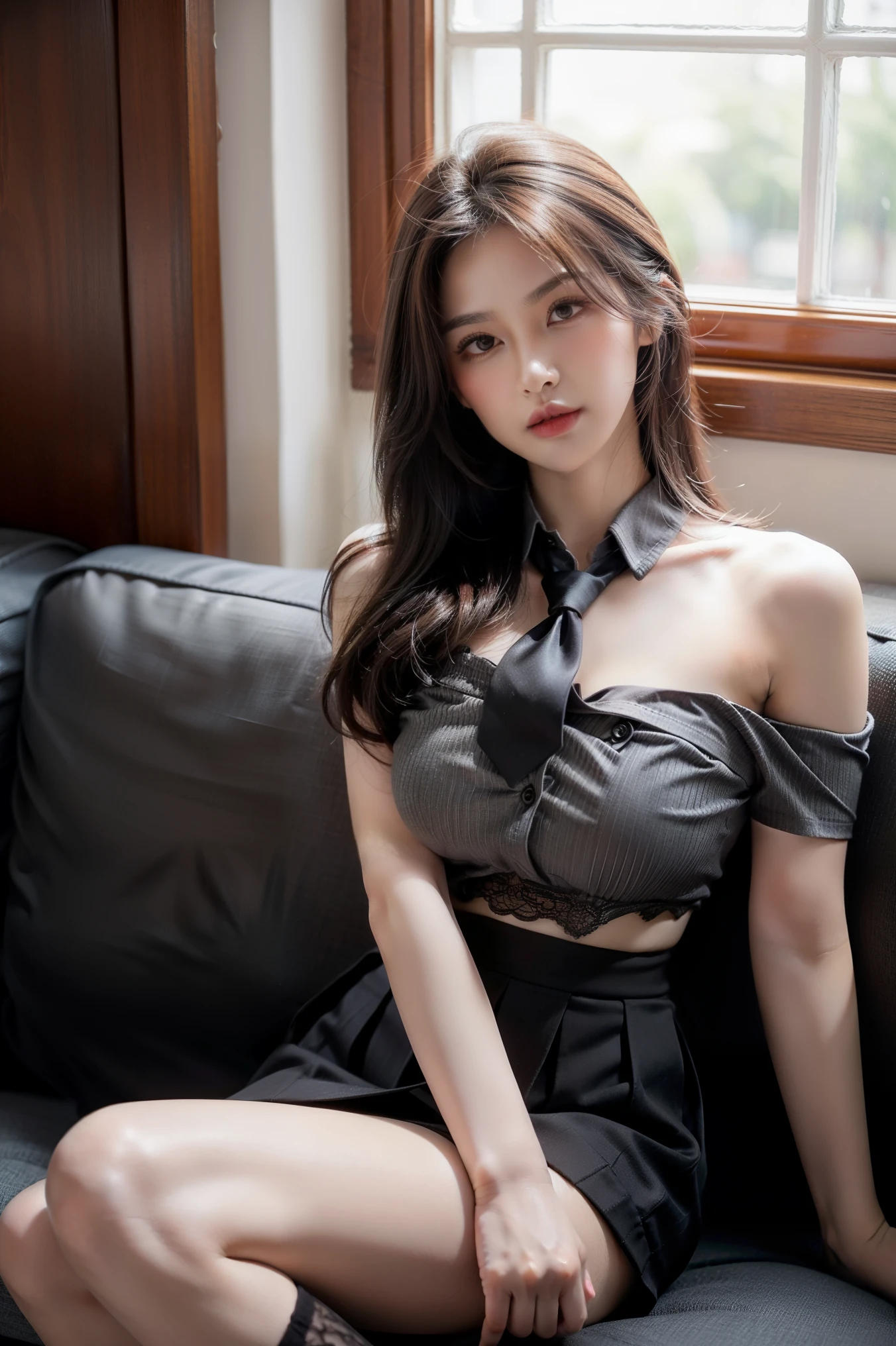 Asian Girl posing for photo, wearing sexy maid uniform, Nudity, small boobs, small tits, small natural boobs, cleavage, midriff, naval, collarbone, sitting, legs open, legs apart, NSFW, indoors, slim body, smaller bust, long black hair with bangs, thighs, slim girl model, 20 year old female model, super high quality, 4k, high-res, masterpiece, best quality, ((Hasselblad photography)),