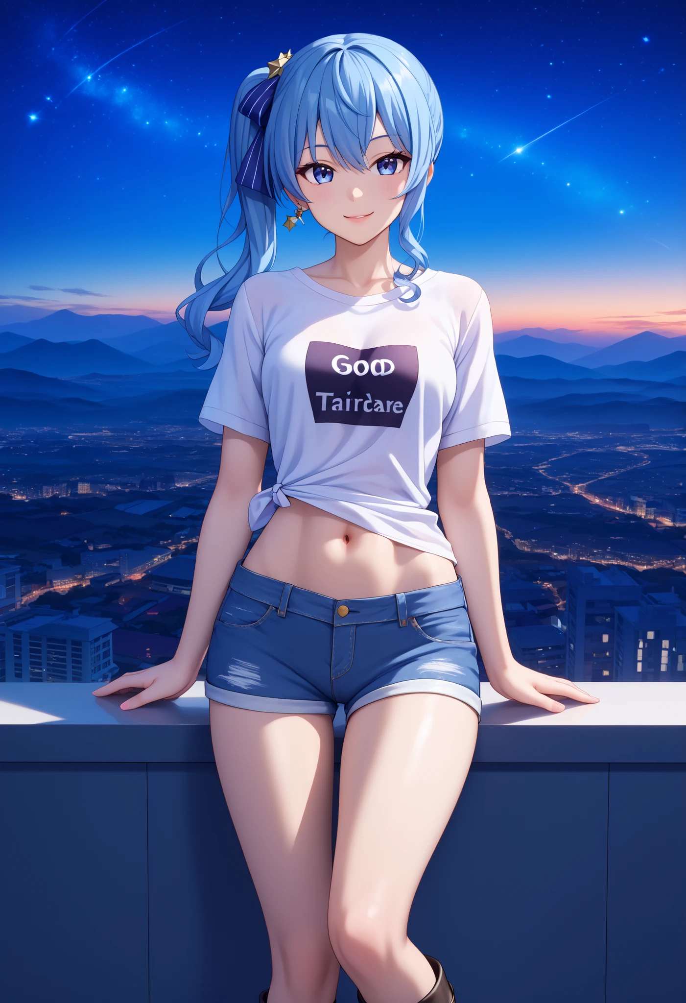 masterpiece, best quality, integrated scenery, integrated background, extremely delicate and beautiful, meticulous details, good composition, , cute face, perfect face, perfect hands,(8k、Best image quality、highest quality)、Detailed face、 1teen_girl、Blue Hair、Long Hair、sideponytail、dark_blue_eyes、smile,(peek_navel:0.7),(small_breasts:0.5),(White_T-shirt:1.3)、Off_shoulder、Black shoulder straps、(open_front_shorts,denim_short_shorts:1.2)、City Background, starry_sky_landscape ,hoshimachi suisei, (belly_button:1.2),nihil,solo,stargaze,girl_looking_up_sky,slender,solo,boots,abs, tight_waist, point_to_sky,slender_thighs,knees,(abs:0.4)