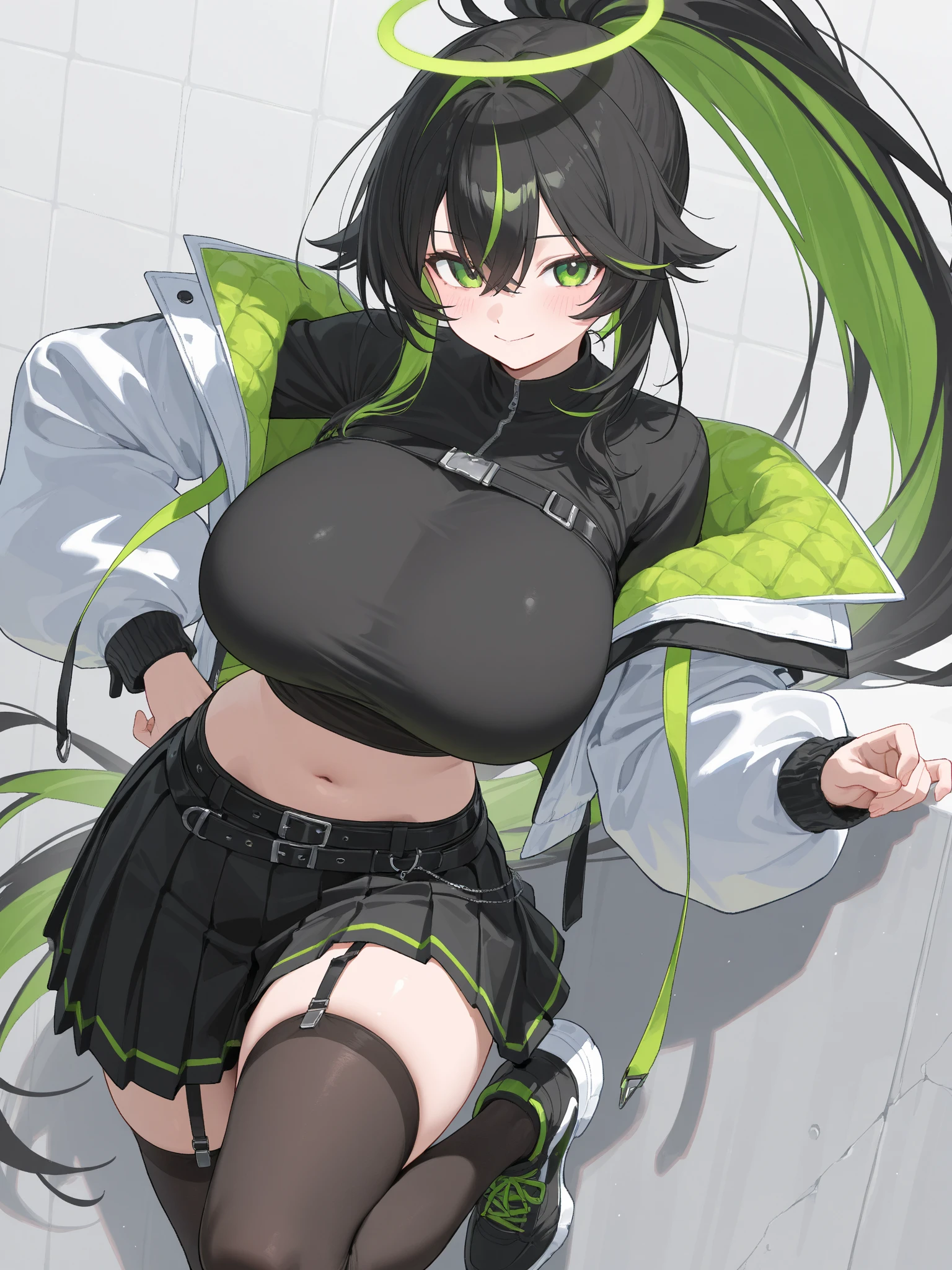 1 girl, ((Green flight jacket、White turtleneck sweater、black pants、boots)), huge breasts, black hair, short hair, straight hair, black eyes ,((white background)), ((whole body,Expressionless))、((face forward、close up front、Stand up straight)),((Virtual YouTuber))