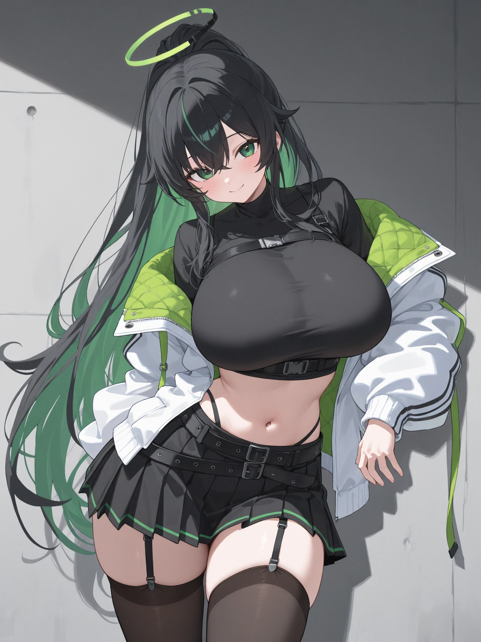Kaori, Single model, solo, half Asian, half Latino, very long straight black hair, freckles, blushing, wet eyes, long chain pendant, very large heavy breasts, chubby, belly, stretchmarks, green mesh top, cycling shirts, thigh length socks