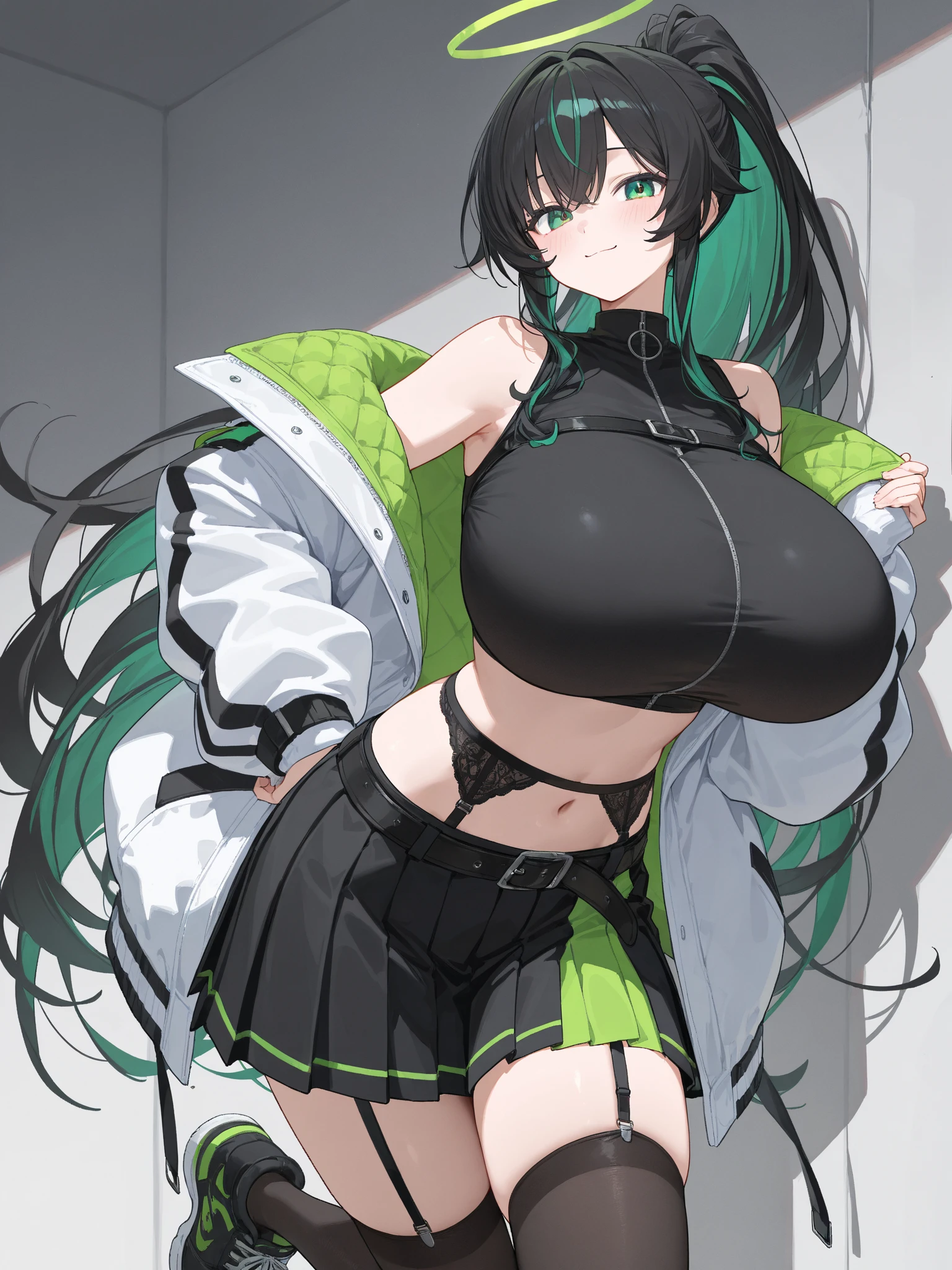 (8K, Highest quality,), Chinon 1, Sinon-GGO, Shinono, Long hair short hair, Hair between the eyes, Side Lock, Huge breasts, Revealing clothing, Blue clothes, gloves, Thighs Thighs Thighs Thighs, (Off the shoulder, Bare shoulders), (Underbust:1.5), (abdomen, belly button, String), Chinon 1, scarf, fingerless gloves, Long sleeve, Short shorts, hair ornaments, Barrette, green Thighs Thighs Thighs Thighs, Green jacket, thigh strap Huge breasts, 溢れるLong chest, Huge breasts, Abnormally large, Unusually big breasts, Long chest、Lower Breast, ((Highest quality)), ((R-18)), (Dirty pervert), (Huge breasts:2.0), One girl, Erotic squatting, Erotic Costumes, Exposing breasts,