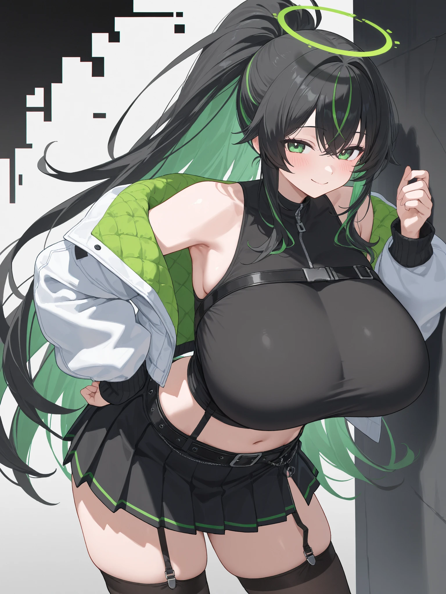 (Uhd, Masterpiece, Textured Skin, Super Detail, High Details, High Quality, Best Quality), 1woman, mature pretty woman, ((Thicc body, wide hips, thick thighs)), Green slime hair, tall, (Crop black top, jacket), (black Jeans), (Asventure clothing), (Slime woman), (Slime pet on shoulder)
