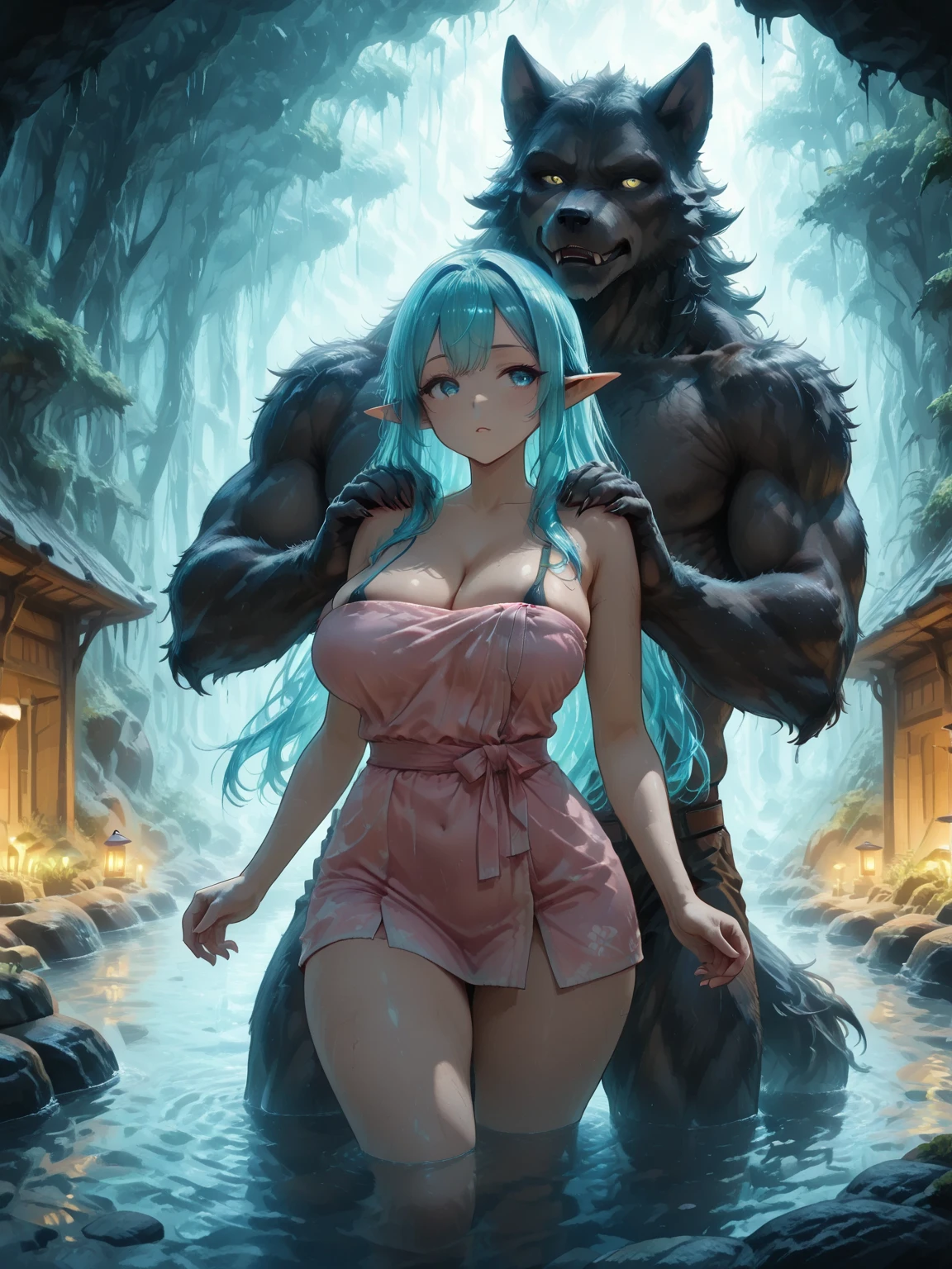 ((best quality)), ((masterpiece)), (detailed), perfect seductive face a beautiful white-toned girl with black and silver hair wearing glasses and tight  torn golden clothes, blue eyes, glossy skin. detailed skin, pink lips with a spear in hand a tiara on her head, full body covered with wet mud  in a dense jungle fighting with a terrifying monster