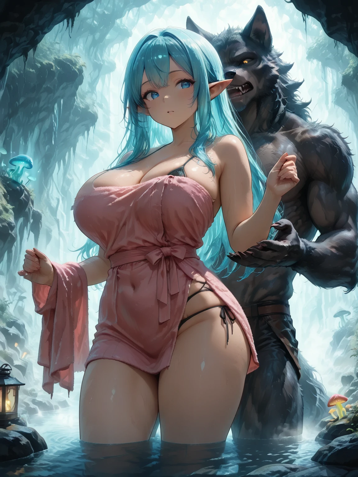 ,2girls, pov, 1boy, , paizuri , , penis, penis between the breasts, naked, breasts squeeze together, , , , naughty, breasts, nipples, leaves, forest, wet penis, cleavage, nipples, my naughty girlfriend gives me titfuck inside of the cave and suddenly interrupted by big ugly monster, bloody, monsters different facial expressions, comedy horror, Large penis, hilarious reaction, surprised