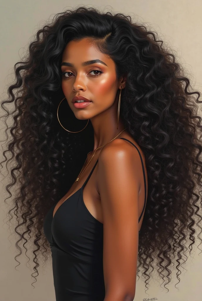 Here is the translation of your sentence into English:

"Beautiful perfect mulatto, with a lovely indigenous appearance, with beautiful black eyes, very long curly hair, wearing a yellow shirt."