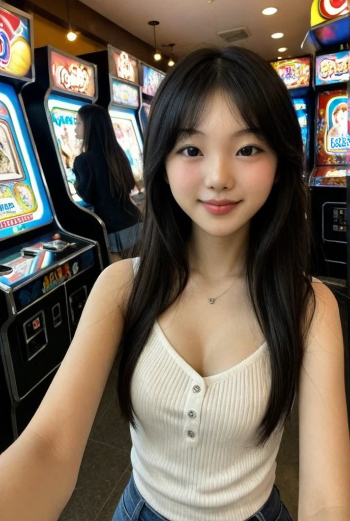 17 year old Japanese girl takes selfies in an arcade