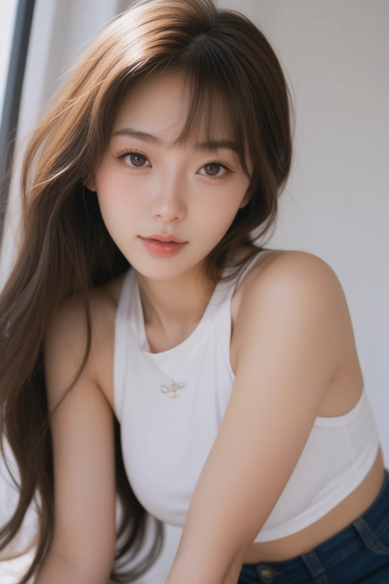  highest quality, (highly detailed pictures:1. 1), masterpiece、1 female、Tank top、shorts、brown hair、office、computer