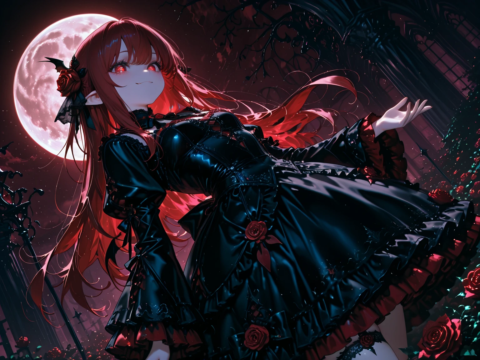 night,Rain of blood,gothic anime girl,Let me show you the God of Death!Gothic unusual art masterpiece