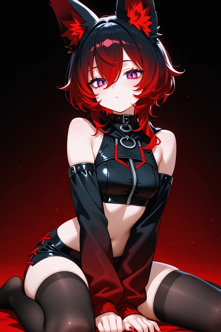 anime, gothic girl, emo girl, gothic dress, black dress, victorian dress, white eyes, gothic art style, (Masterpiece, Best quality, ultra-high resolution), 1 girls, sitting, ((red hair: 0.7) short hair red, pale skin, ((red eyes)), Bright_eyes, neon eyes, (ultra-detailed eyes, beautiful and detailed face, detailed eyes: 0.9), ((centered)), creepy face, (evil smile, twisted sadistic expression) ((full shot)), facing the viewer, eye level, (black background, red), B-cup chest, looking at the viewer, ((half-closed eyes)), (((head, arms, hips, elbows, in view))), empty gaze, beautiful lighting, Background, defined theme, 21 years old, Perfect anatomy, Perfect body, longeyelashes, solid circle eyes, light smile, ear blush, embarrassed, red eyes, blunt bangs, shorts black, seminaked, wearing long black stockings, Surrealism, drop shadow, anaglyph, red background, stereogram, full body, atmospheric perspective, anime, Sony FE GM, 8k, super detail, accurate, best quality, anatomically correct, super detail