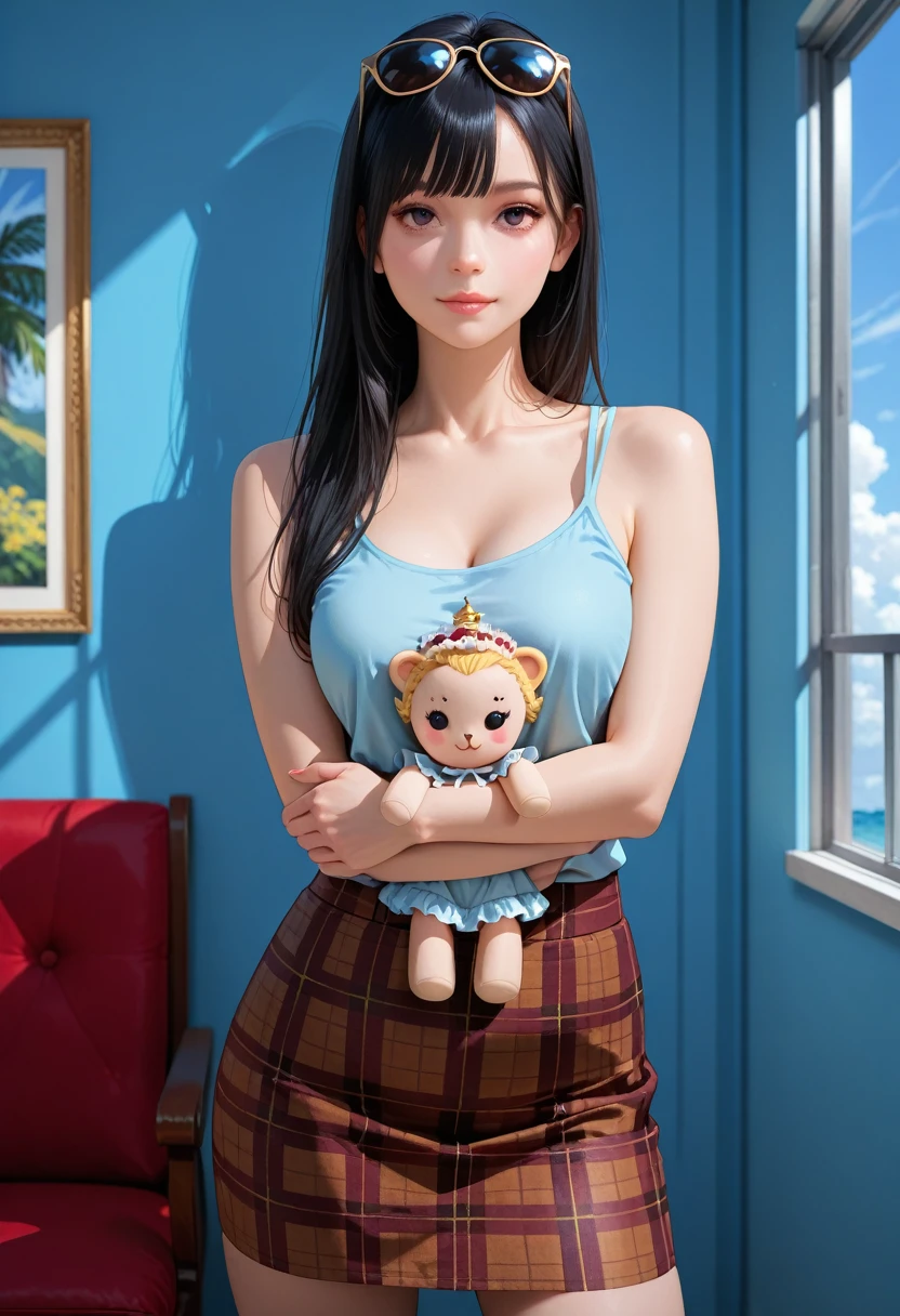 (top quality, masutepiece: 1.1), (Realistic: 1.3), BREAK (((FF7,Tifa_lockhart))),(solo,Tifa:1.2),kneeling,(boyfriend's clothes:1.3,oversized baseball uniform:1.3, stripe,bottomless:1.3) ,(her bedroom, indoor),(sexy pose:1.1),Ultra-detailed face, Detailed eyes,Red eyes, BREAK (((FF7,Tifa_lockhart))),(black brown hair, Large breasts: 1.0), BREAK (no bra),(no panties),About 18 years old,kawaii,shy:1.1,happy, smiling,evil grin,aroused,off clothes:1.1