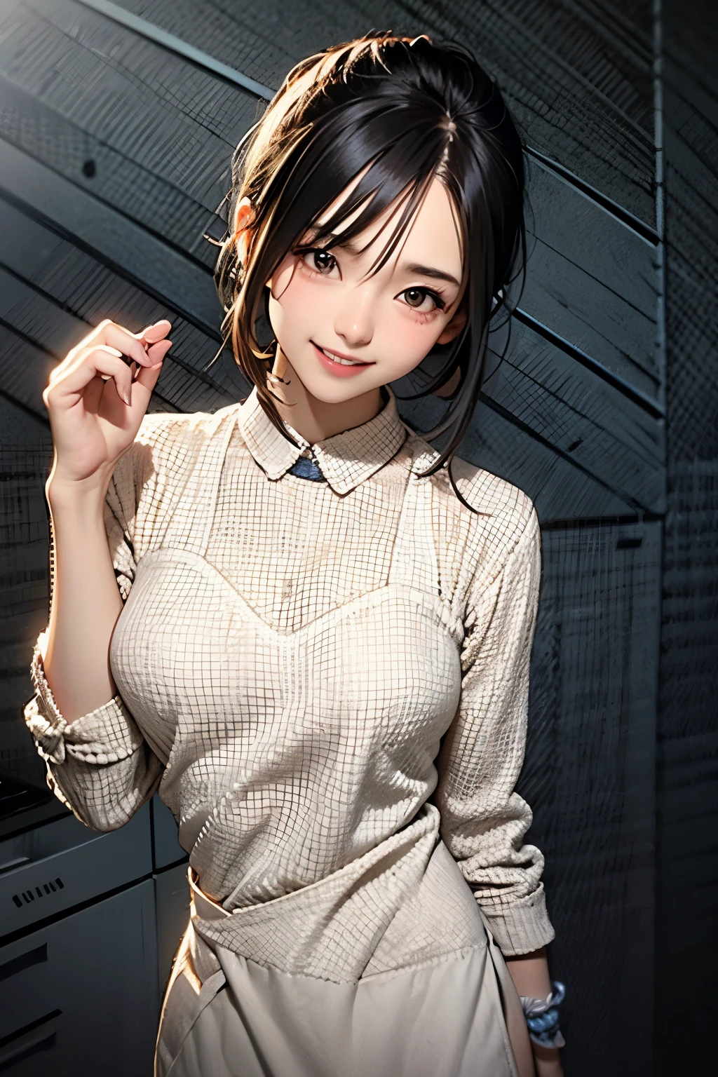 22 year old Japanese tomboy, in a house kitchen, medium sized breasts, dark wolfcut hair falls in a low ponytail, naked, only wearing apron, short height to viewer, 5 feet 2 inches, flirtatious taunting, playful and flirtatious banter, flirtatious smile, best friend to viewer