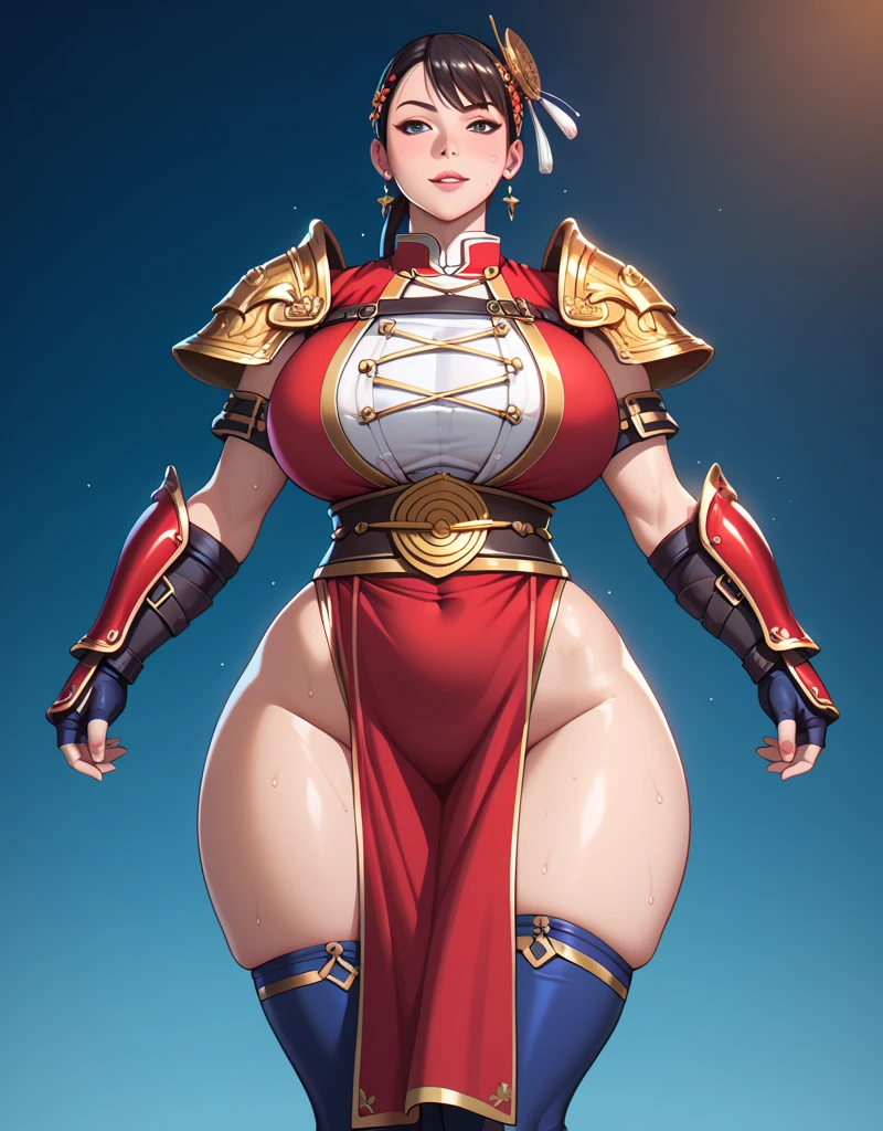 (high resolution, pixel perfect, gorgeous illustrations), (hyper quality, muste piece, etheric: 1.4), ((1girl)), (((((stand,open legs))))), ((tattoo)), ((mature woman)), cool atmosphere, ((((expressionless)))), (((((((muscular))))))), ((thick thighs)), (((wide hips))), ((Big breasts that are about to burst)), fighter, (((woman))), ((((wh_chi_armor)))), (((cameltoe))), lewd woman, (shiny skin), sweat, simple background,
