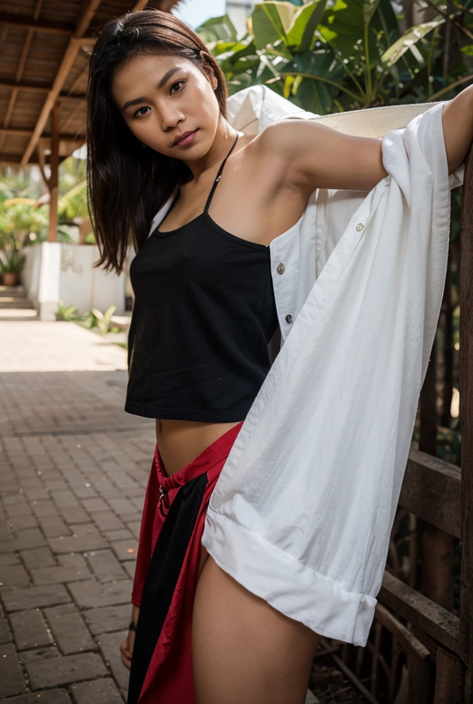 Create an image of a young African-Asian woman in her twenties with light green eyes, fine red short pixie cut, and smooth, radiant skin. She has full lips with glossy pink lipstick, a well-defined jawline, high cheekbones, and a slightly upturned nose. She has wide hips and a voluptuous chest, wearing a tight red mini skirt and a white bralette. One hand is on her hip and the other on her head. She is standing facing us in a model pose with her head slightly raised.