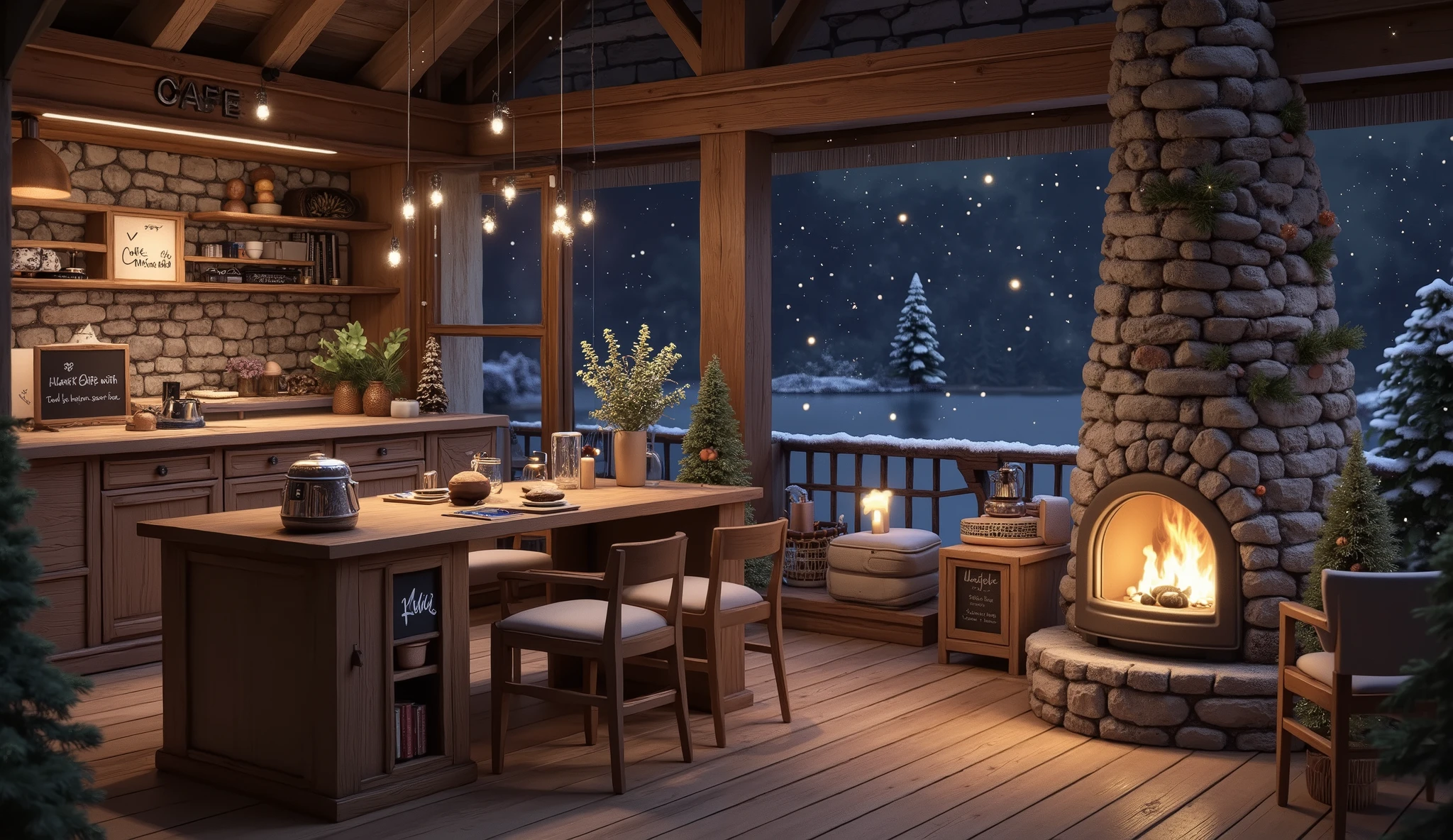 Cozy cabin with fireplace, không có cây Giáng sinhThe scene depicts a Cozy cabin with fireplace, without a rustic cafe Christmas tree, overlooking a beautiful Tranh sơn dầu và acrylic trên vải, một căn bếp của nhà bà ngoại vào ban đêm. Cảnh được dựng theo phong cách Ghibli, Tác phẩm sử dụng các màu sắc nhẹ nhàng và kết cấu sơn bằng tay để tạo ra một không khí thanh bình. Nó nắm bắt được tính thẩm mỹ của anime, kết hợp "nghệ thuật lo-fi" và những cảm hứng mùa hè với độ chi tiết cao và độ phân giải siêu cao để tạo ra một hình nền kiểu hoạt hình đẹp mắt. .
The interior has a wooden counter , on which a shiny metal coffee pot shines , symbolism of the art coffee floor and welcome . Under the counter , a glass display cabinet showcases fresh bread and pastries , man who fits the suit perfectly .
Beautiful rustic details, stone fireplace that fits snugly against the small brick wall and raw wood add a little extra special to the space.
Comfortable design wooden chairs arranged along the counter , ideal for a relaxing holiday . Back , a wooden shelf filled with bread and rustic bread brings order and touches , while a blackboard with the inscription " cafe" displays the prices of products attractively .
on the outside , được bao phủ bởi một lớp snow , creates a contrast with the warmth of the interior .
A wooden armchair with soft cushions arranged around a rustic coffee table , with a harmonious layout : a bottle reused as a tree vase , a cup of steamed coffee and a scented candle radiating accessories . Next to the characteristic gray color , a small sedge basket containing books and decorations , enriches the atmosphere .
The surrounding landscape is to enjoy the dark winter night sky , Earthy yellow light reflecting on the surface of the small lake . perfect for contemplation and meditation .Instagram viral cave living room with fireplace, coffees, Foods , cozy balcony. snow . without person