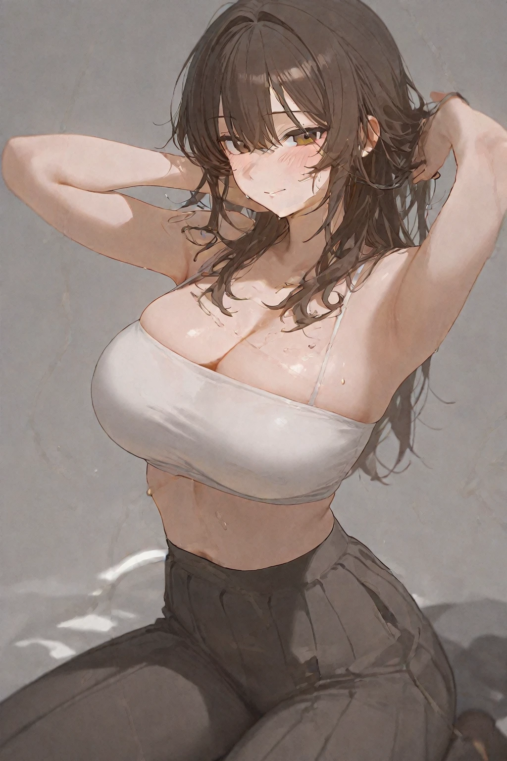 masterpiece,best quality,ultra detailed,8k,tall,big female,gigantic breasts,young,20 years old,medium hair,wavy hair,brown hair,hairclip,full-face blush,embarrassed,(sweat:1.2),oil,heavy breathing,(steam:1.5),brown sweater,ribbed sweater,bare shoulders,detached sleeves,belt buckle,black tights,armpits,armpit focus,arms behind head,upper body,
portrait,front view,strapless,