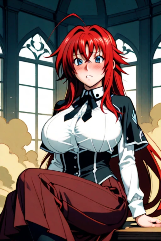 rias gremory, long hair, red hair, ahoge, large breasts, wide hips, thighs, mature female, 1girl, open_mouth, sitting, tree, nature, forest, outdoors, grass, huge breasts, (shaded face:1.2), hollow eyes, aqua eyes, looking at viewer, facing viewer, smirk, upper teeth, lips, glowing eyes,