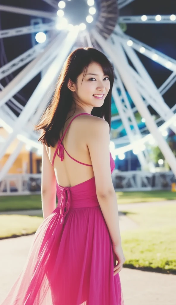 (8k, top quality, masterpiece: 1.2), (realistic, photorealistic: 1.37), super detailed, girl single, cute, solo, midnight, beautiful detailed sky, detailed café, sitting, date, (blush), (smile: 1.15), small breasts (mouth closed), beautiful fine eyes, floating hair NovaFrogStyle, back open dress