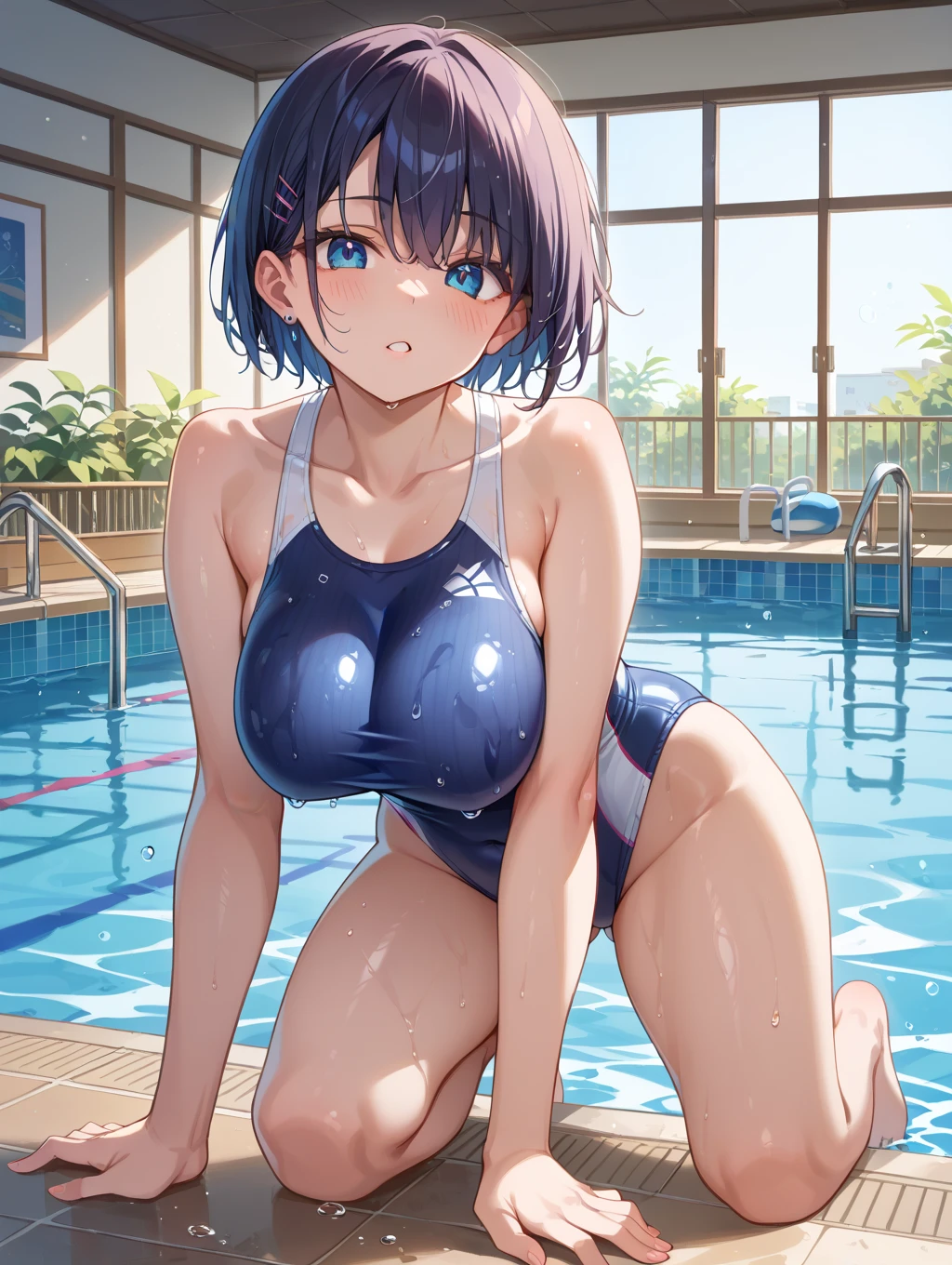 beauty smile blush Embarrassed Black Hair School Swimsuit Thick pubic hair Pubic hair Indoor swimming pool