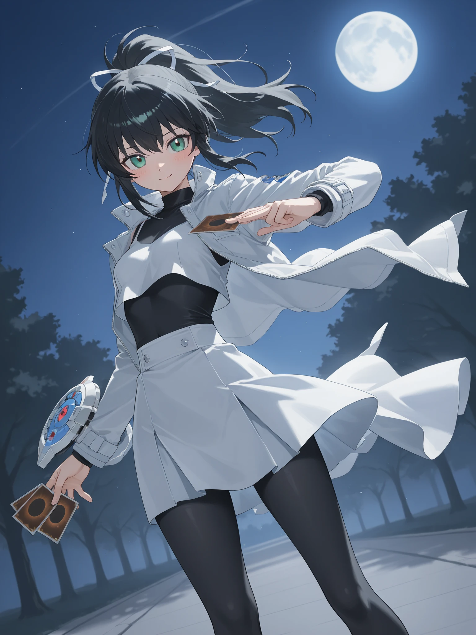4k anime style,(feet out of frame),top-quality,Top image quality,perfect anatomy,masterpiece,ultra-detailliert,Beautiful、ultra-quality, best quality,high resolution, ultra-detailed,game cg,dutch angle ,beautiful detailed eyes, visualart,five fingers, perfect hands, Smooth anime CG, 8k anime, Best quality, High resolution,Superdetail,Perfect light,high resolution, best quality, Accurate, Anatomically Correct, Best Quality, Masterpiece, perfect hands,BREAK,1girl,Young Anime female with ponytail hair , black hair and green highlights.beautiful large green eyes,small breasts,Beautiful waist,She wears a black sleeveless crop top with a teal graphic design. Over the top, she has an white jacket. The jacket has a design similar to a motor jacket or special clothing. The character is wearing white athletic skirt ,Duel Disk equip on right arm,holding yugioh card on left hand, yugioh card,black tights,blush, little smile,park,moon view